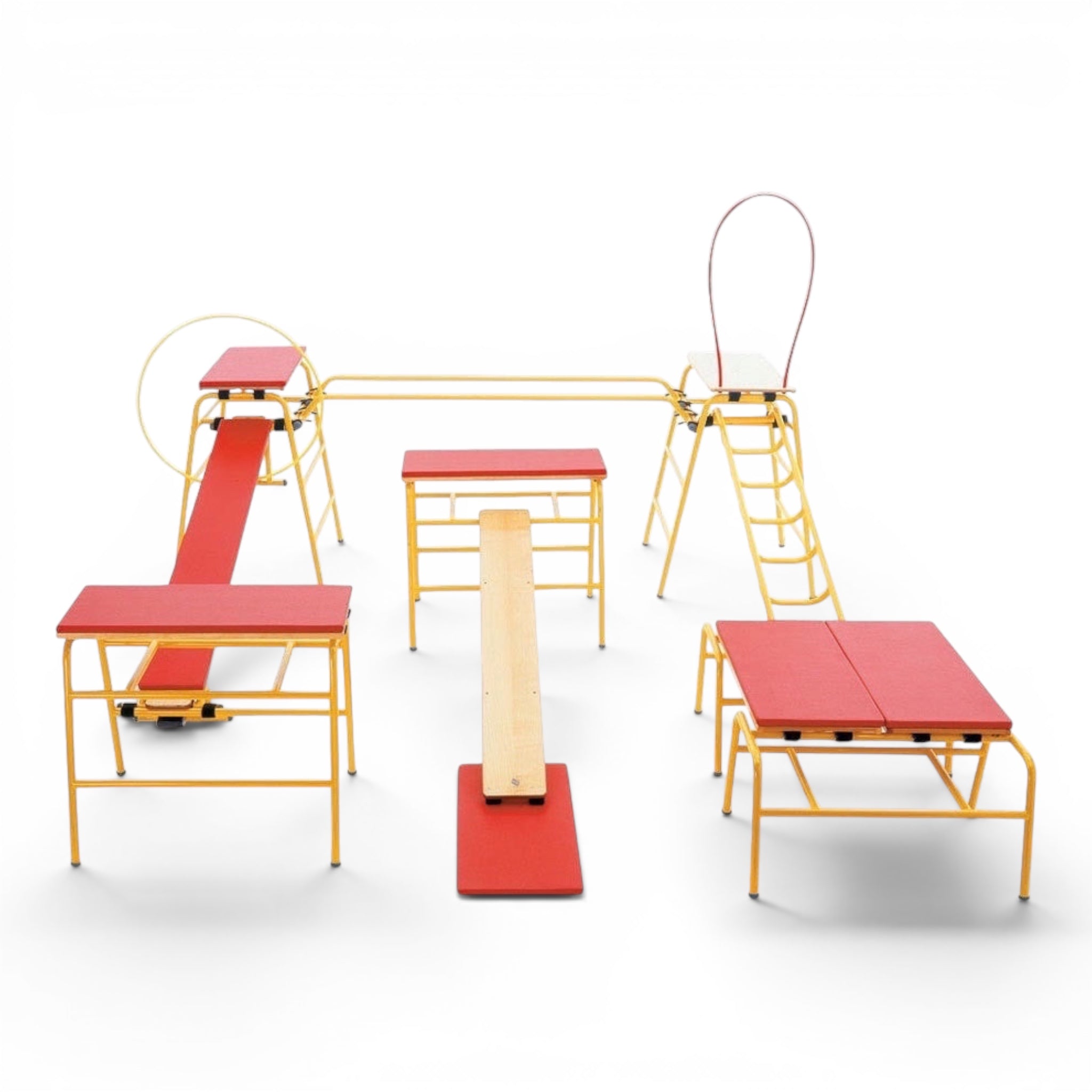 UK Gym Pits Gym Time Pack full set of yellow metal trestles, red padded tops, balance bench, and linking equipment.