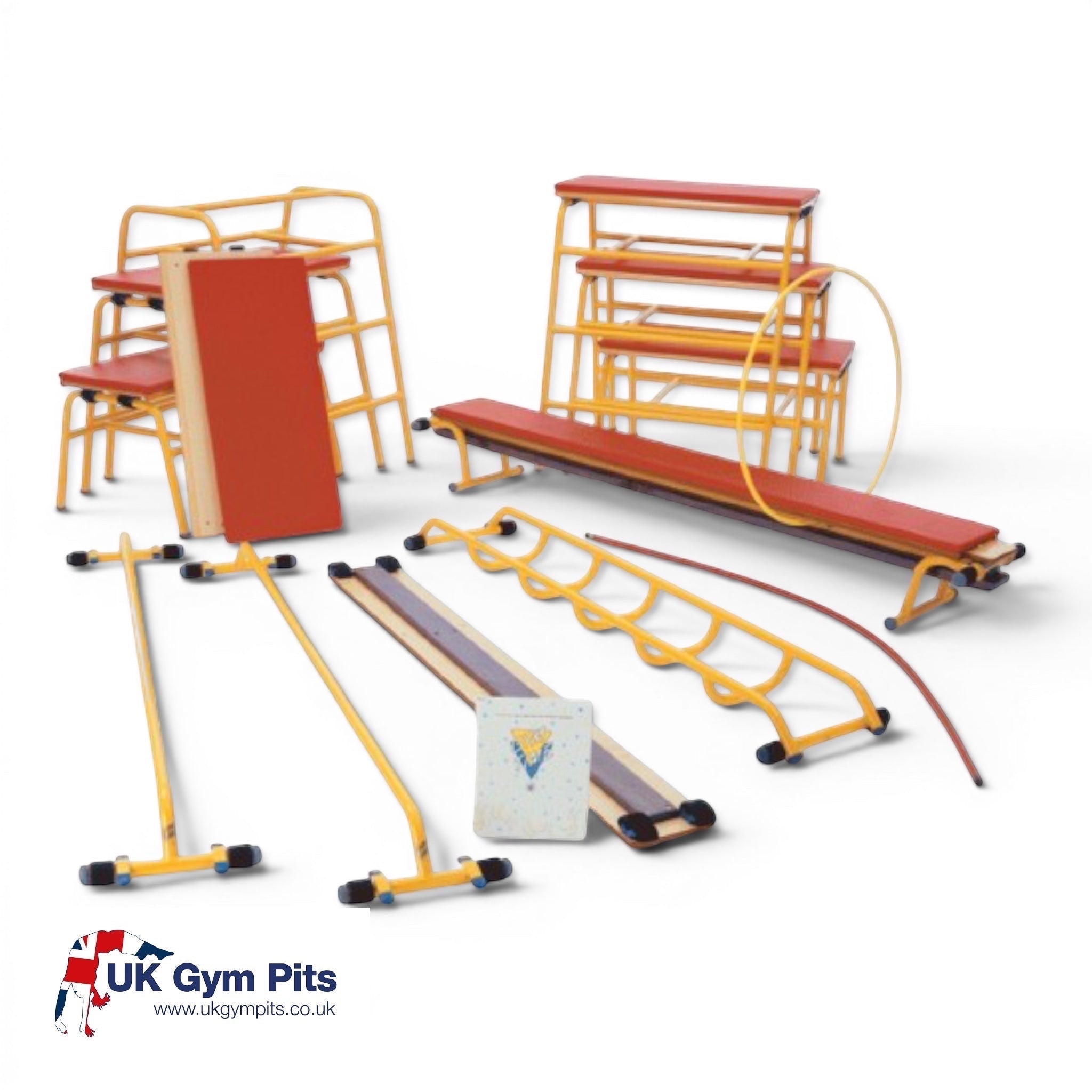 UK Gym Pits Gym Time Pack full set of yellow metal trestles, red padded tops, balance bench, and gymnastic equipment.