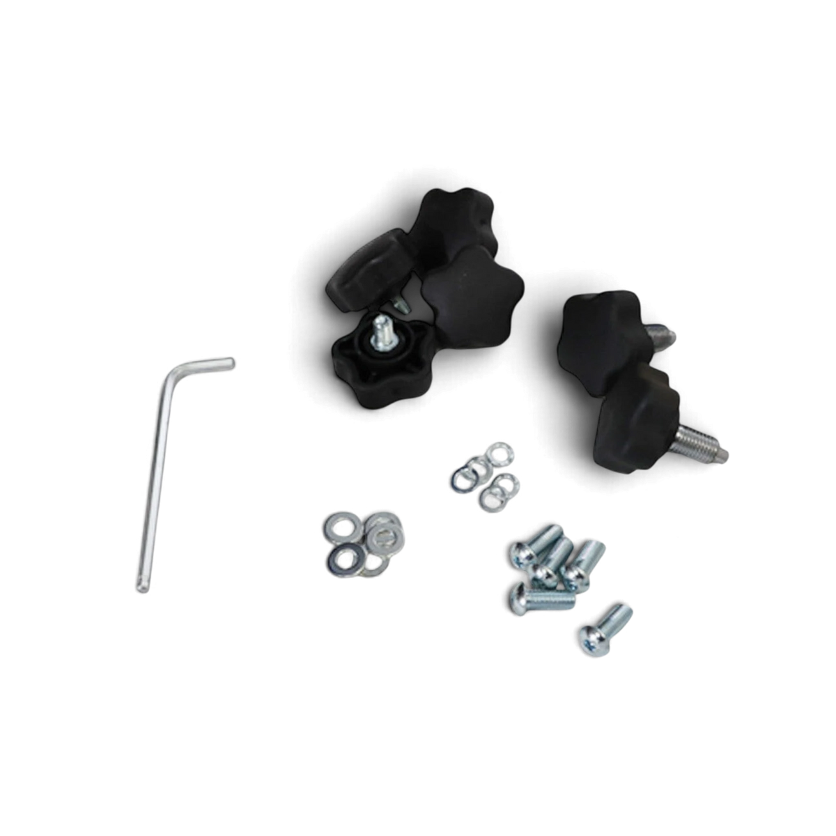 UK Gym Pits hardware pack for junior gymnastics bars including black star knobs, metal screws, washers, and wrench