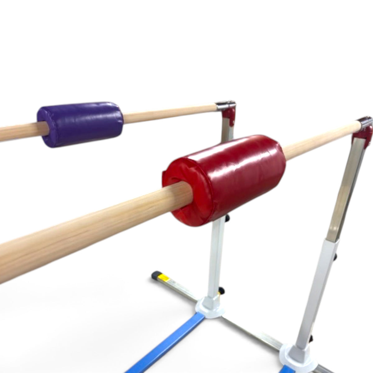 UK Gym Pits gymnastics bar padding in red and purple vinyl, featuring a secure Velcro closure for training bars.