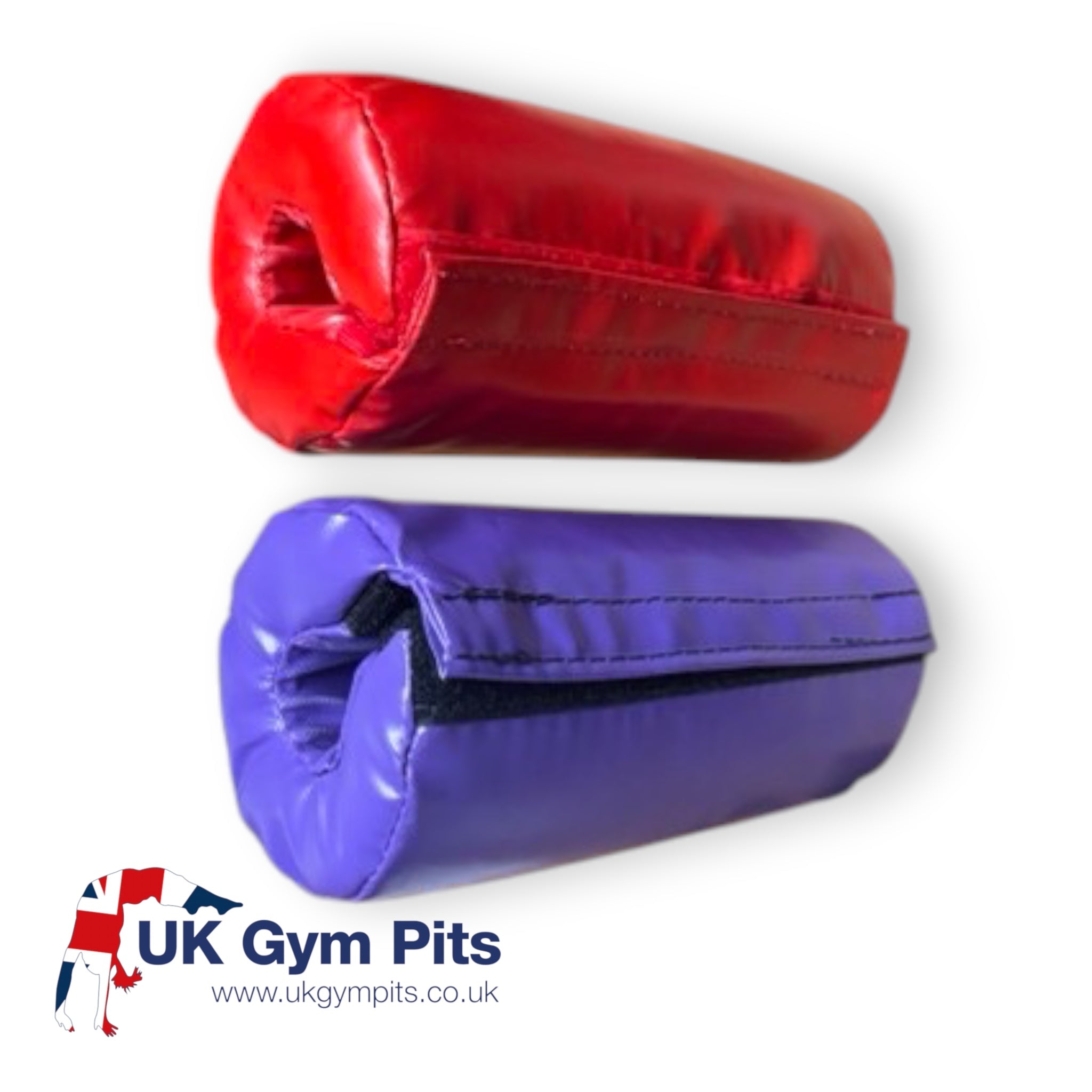 UK Gym Pits gymnastics bar padding in red and purple vinyl with secure Velcro closure for training bars