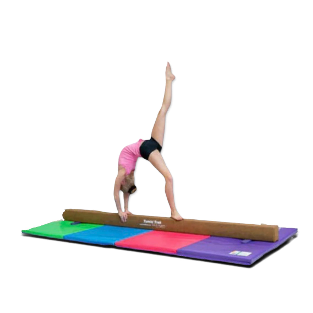 Young gymnast performing a back walkover on a UK Gym Pits Addie beam and multi-coloured folding tumbling mat.