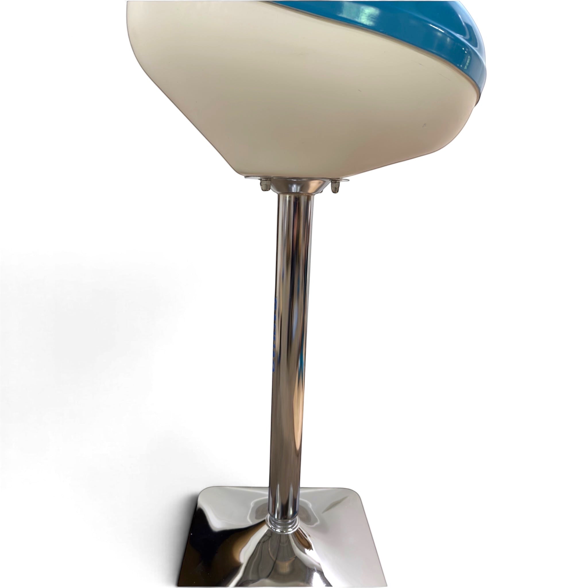 UK Gym Pits Gaofei gymnastics chalk bowl stand with a blue and white semi-circular basin on a sturdy chrome base.