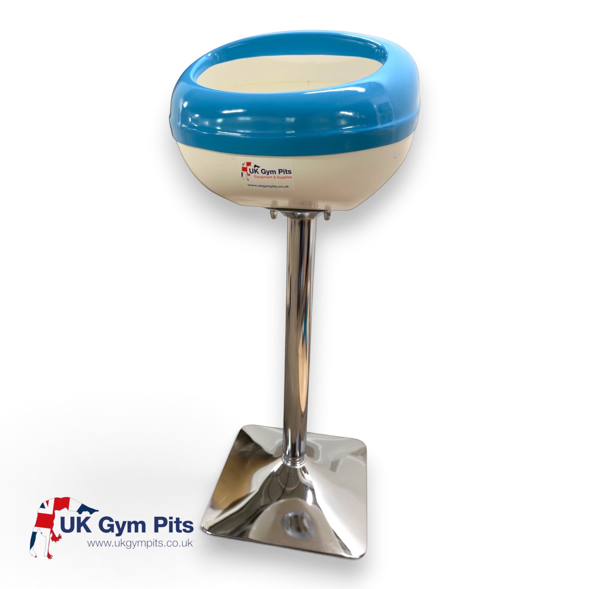 UK Gym Pits gymnastics chalk bowl stand with a blue and white semi-circular basin on a sturdy chrome pedestal base.