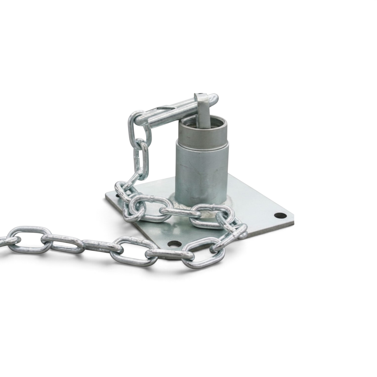 UK Gym Pits adjustable steel floor anchor with metal chain for securing gymnastics equipment to the floor.