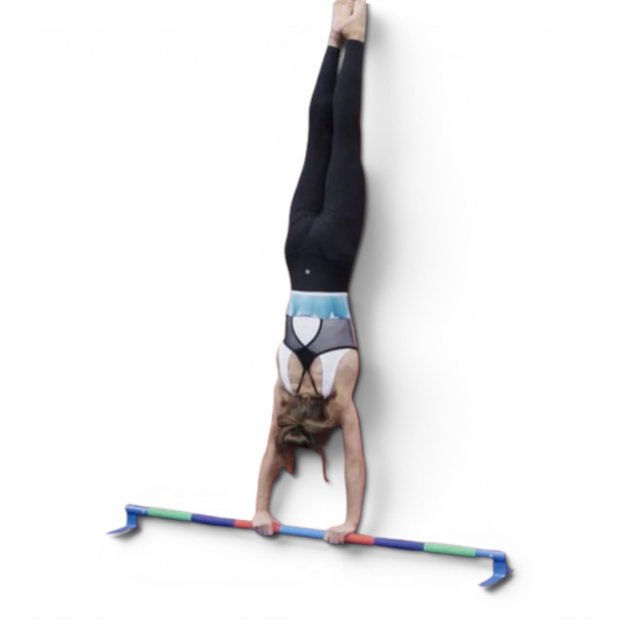 Gymnast performing a handstand on a UK Gym Pits multi-colour rubberised floor bar for technique training