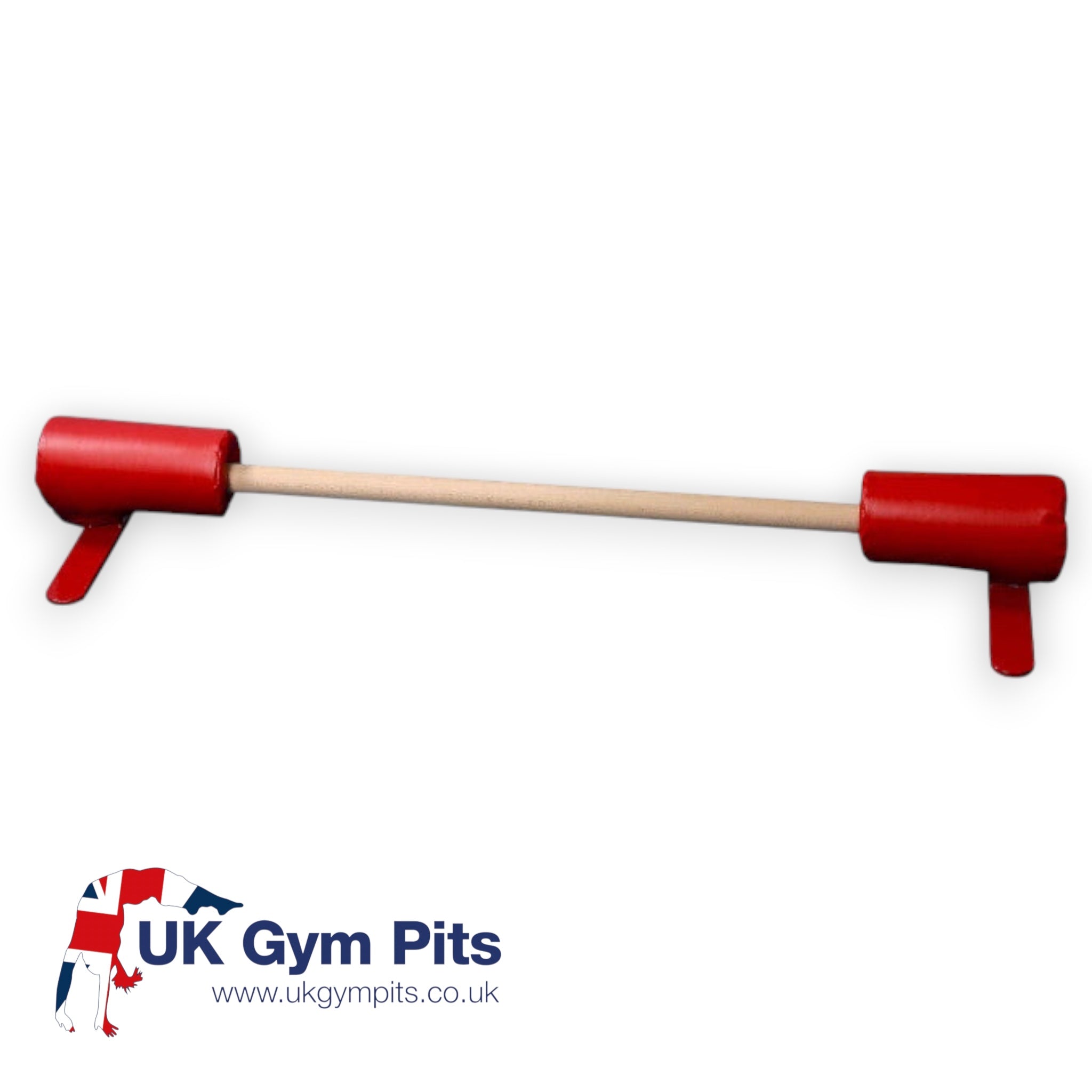 UK Gym Pits gymnastics floor training bar with a natural wood grain finish and red cushioned steel ends