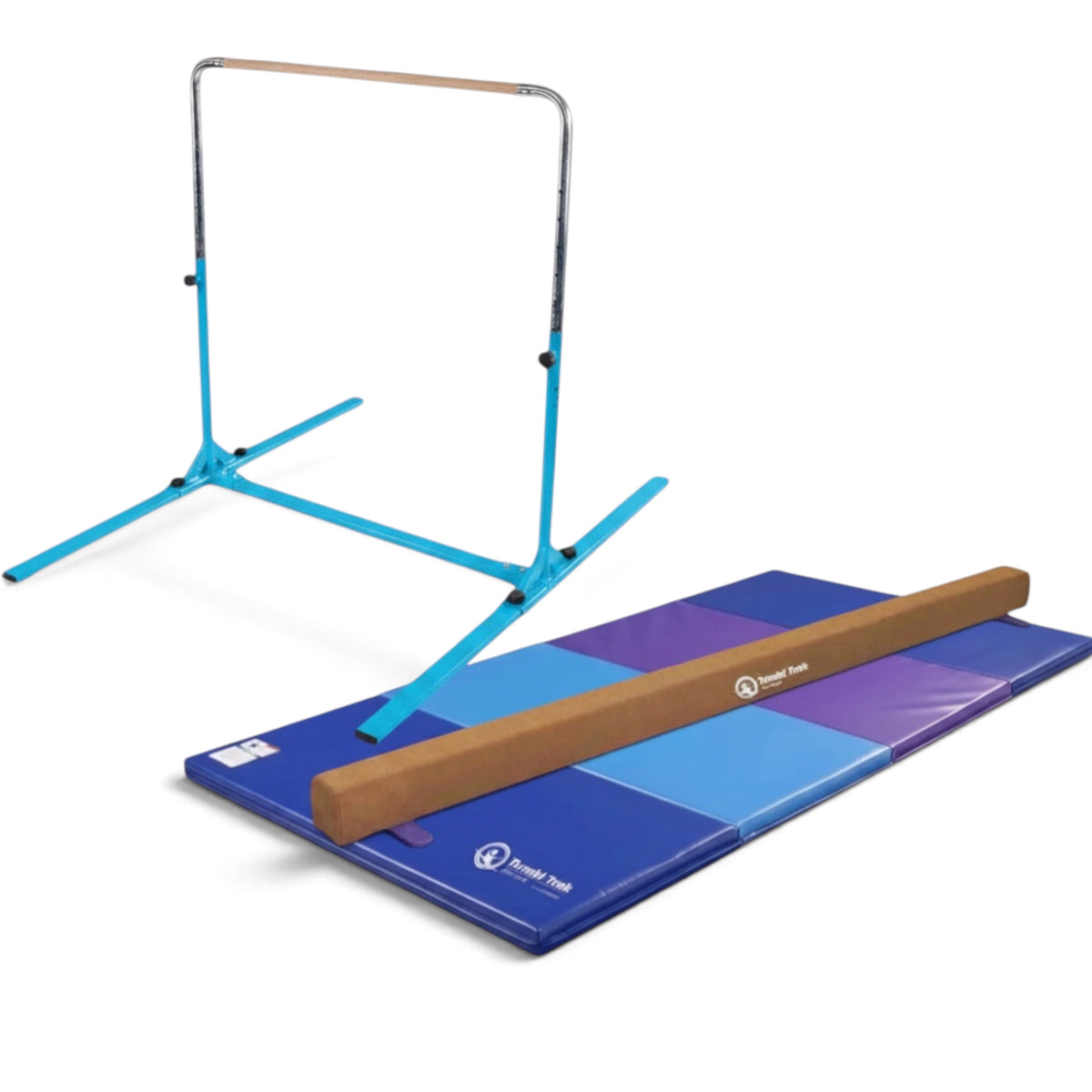 UK Gym Pits home gym essentials package with a blue junior bar, brown suede balance beam, and blue folding mat.