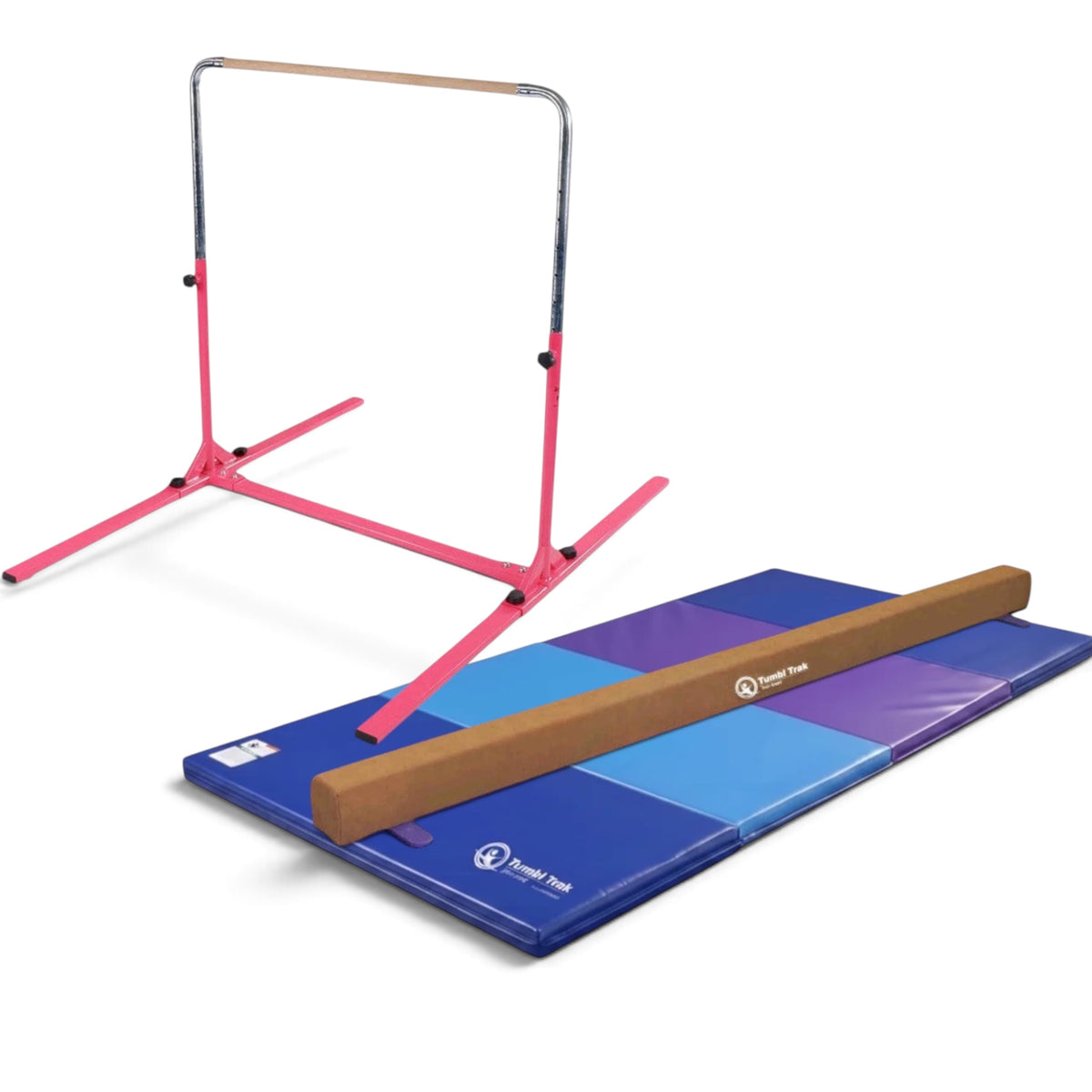 UK Gym Pits home gym essentials package with pink junior bar, suede balance beam, and blue folding tumbling mat.
