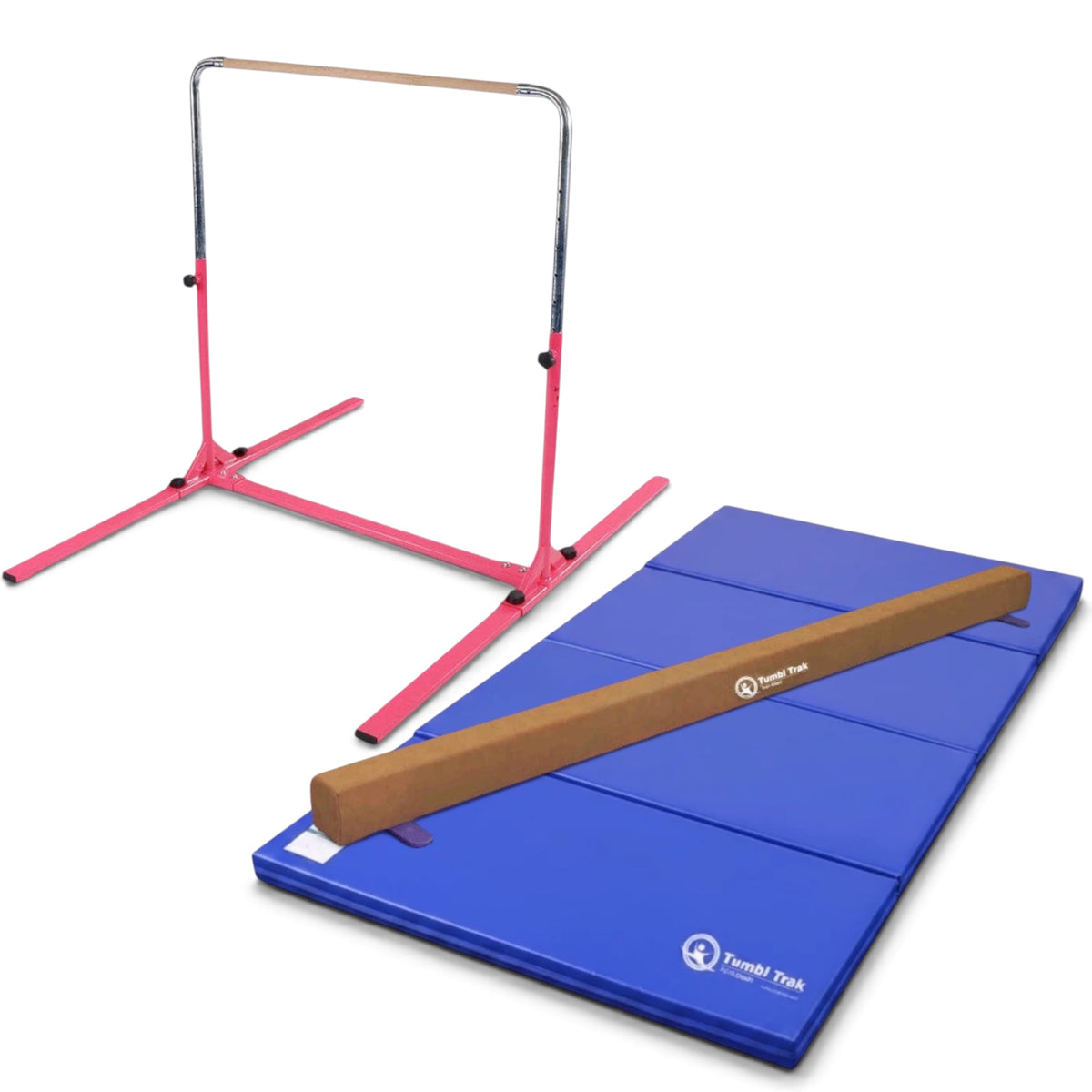UK Gym Pits home gym essentials package with a pink junior bar, brown suede balance beam, and blue folding mat.