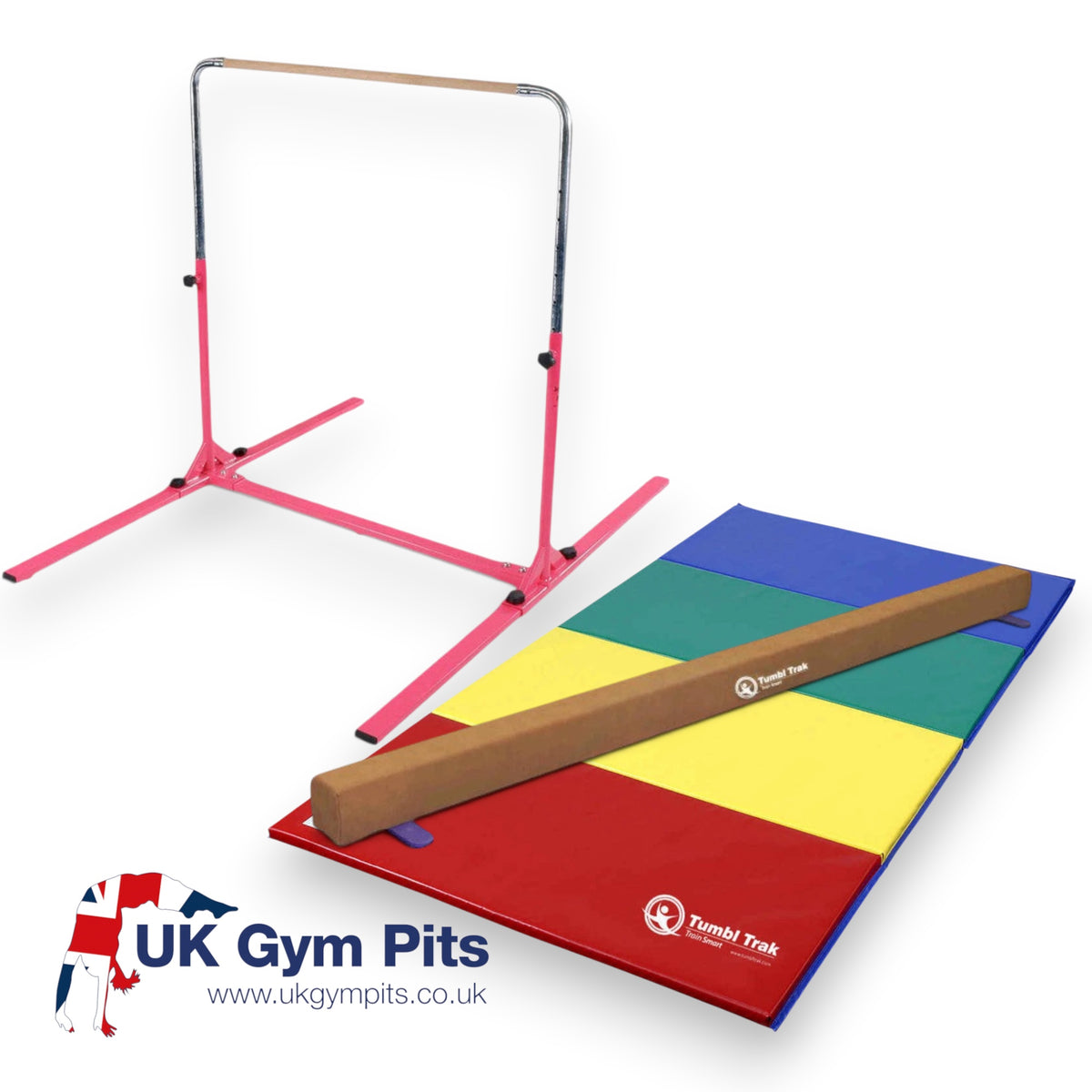 UK Gym Pits home gym essentials package with pink junior bar, brown suede balance beam, and multi-coloured mat.