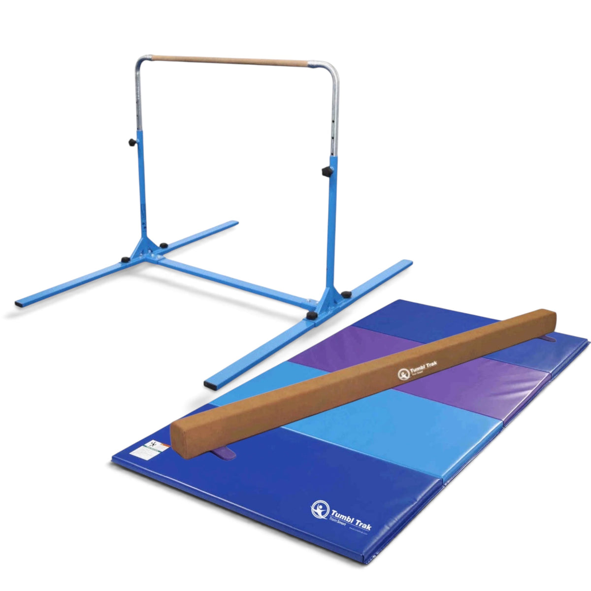 UK Gym Pits home gym essentials plus package with blue gymnastics bar, suede balance beam, and folding tumbling mat.