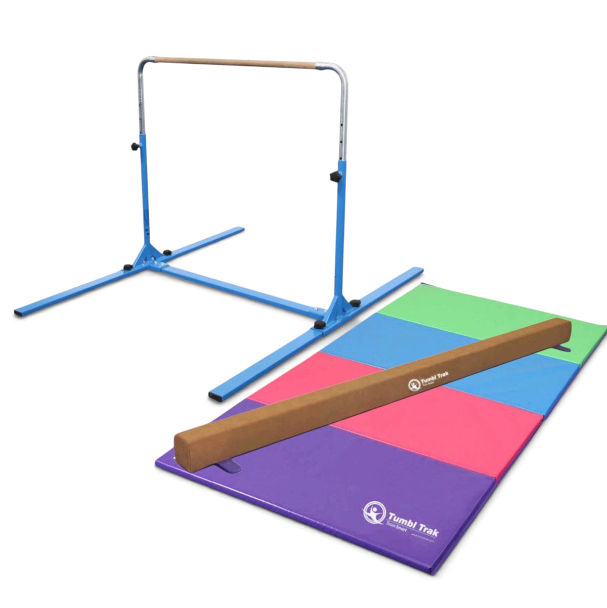 UK Gym Pits home gym essentials package with blue junior bar, brown suede balance beam, and multi-colored folding mat.