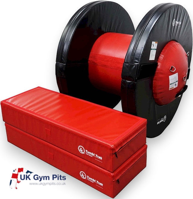 UK Gym Pits Gymnastics Orbiter Package 2 featuring a red air barrel, black foam rings, and two red booster blocks.