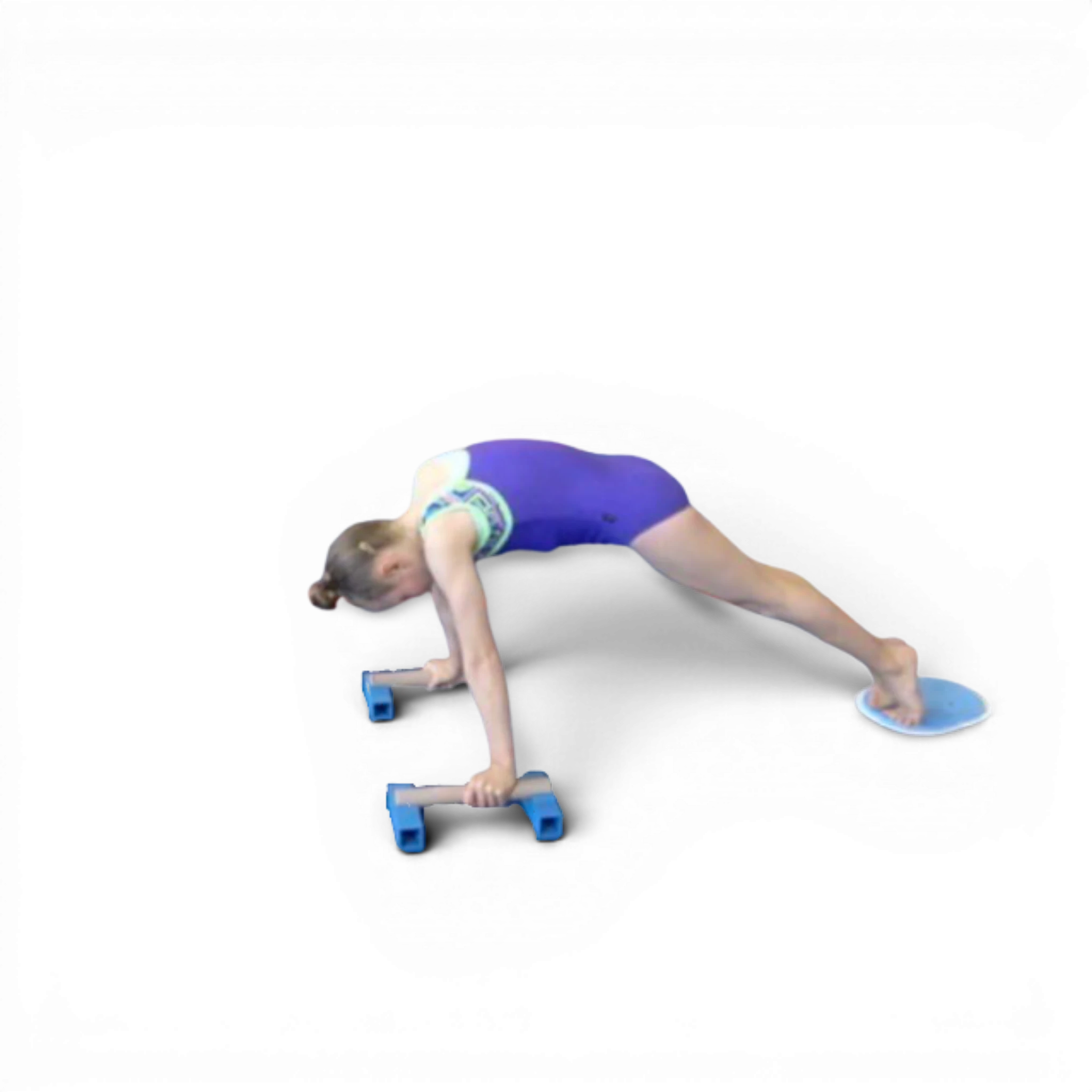 UK Gym Pits gymnastics athlete performing a core exercise using portable parallettes and a slider on a black background