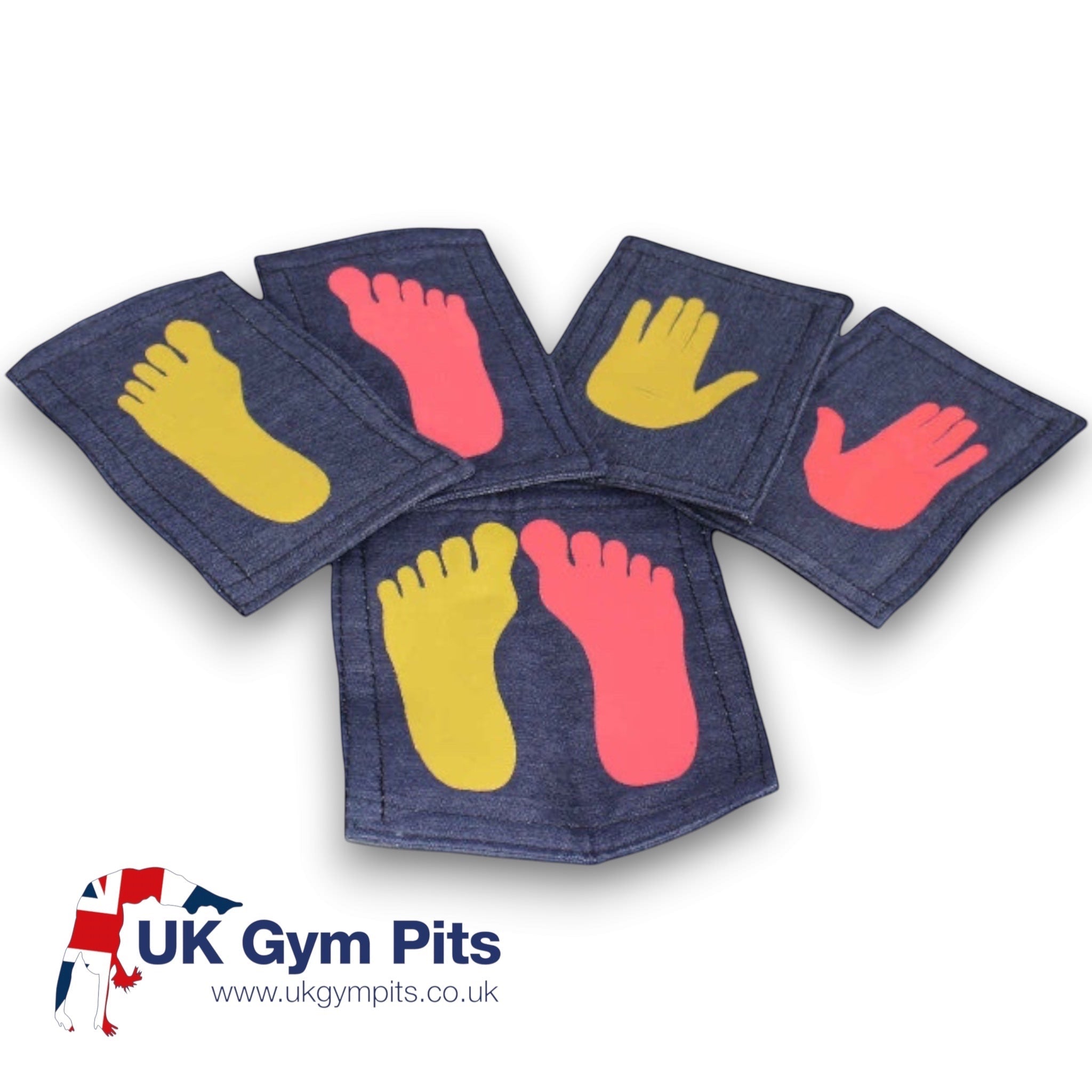 UK Gym Pits set of five denim fabric hand and foot placement markers with red and yellow prints for gymnastics