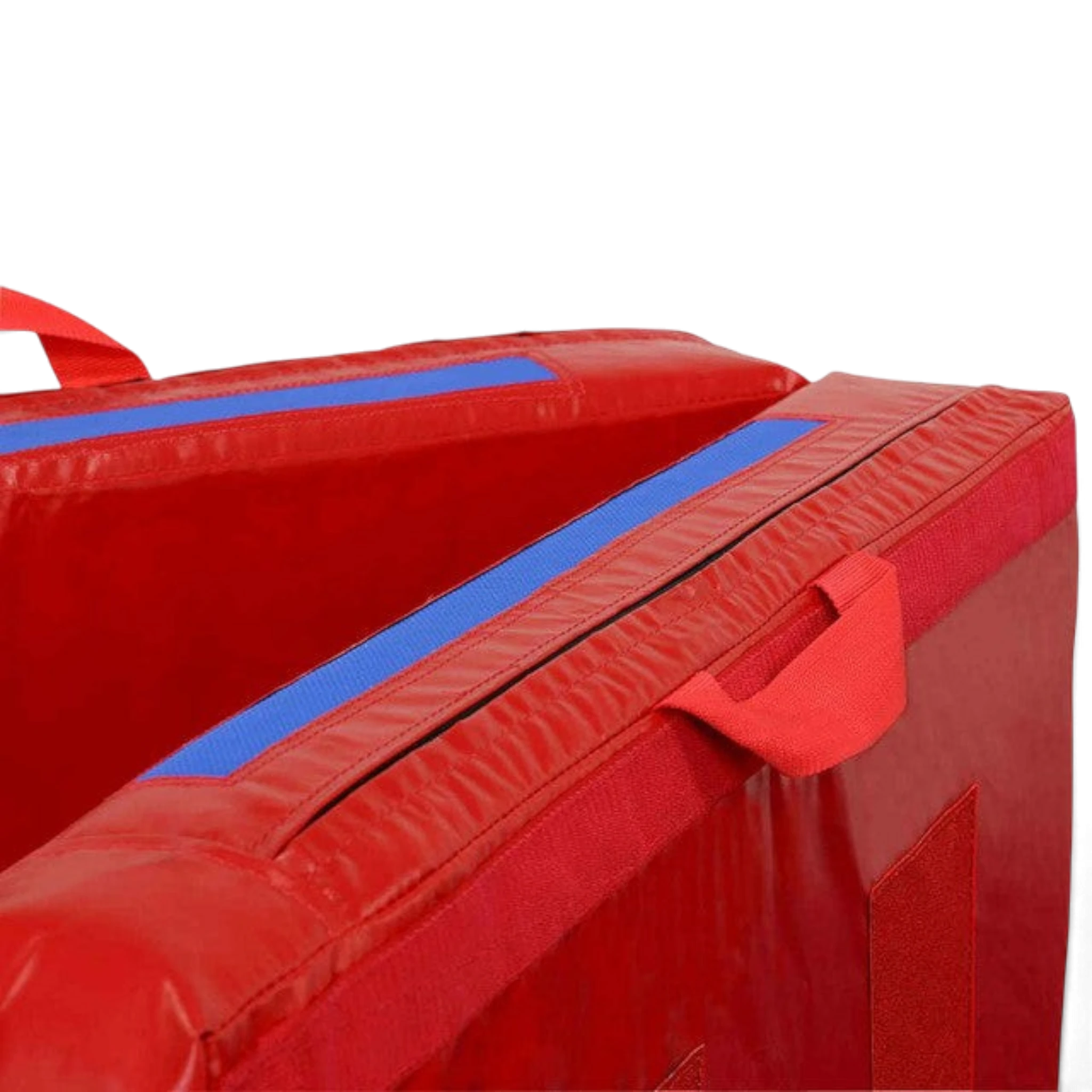 UK Gym Pits red and blue foldable gymnastics practice mat with reinforced handles and velcro fasteners