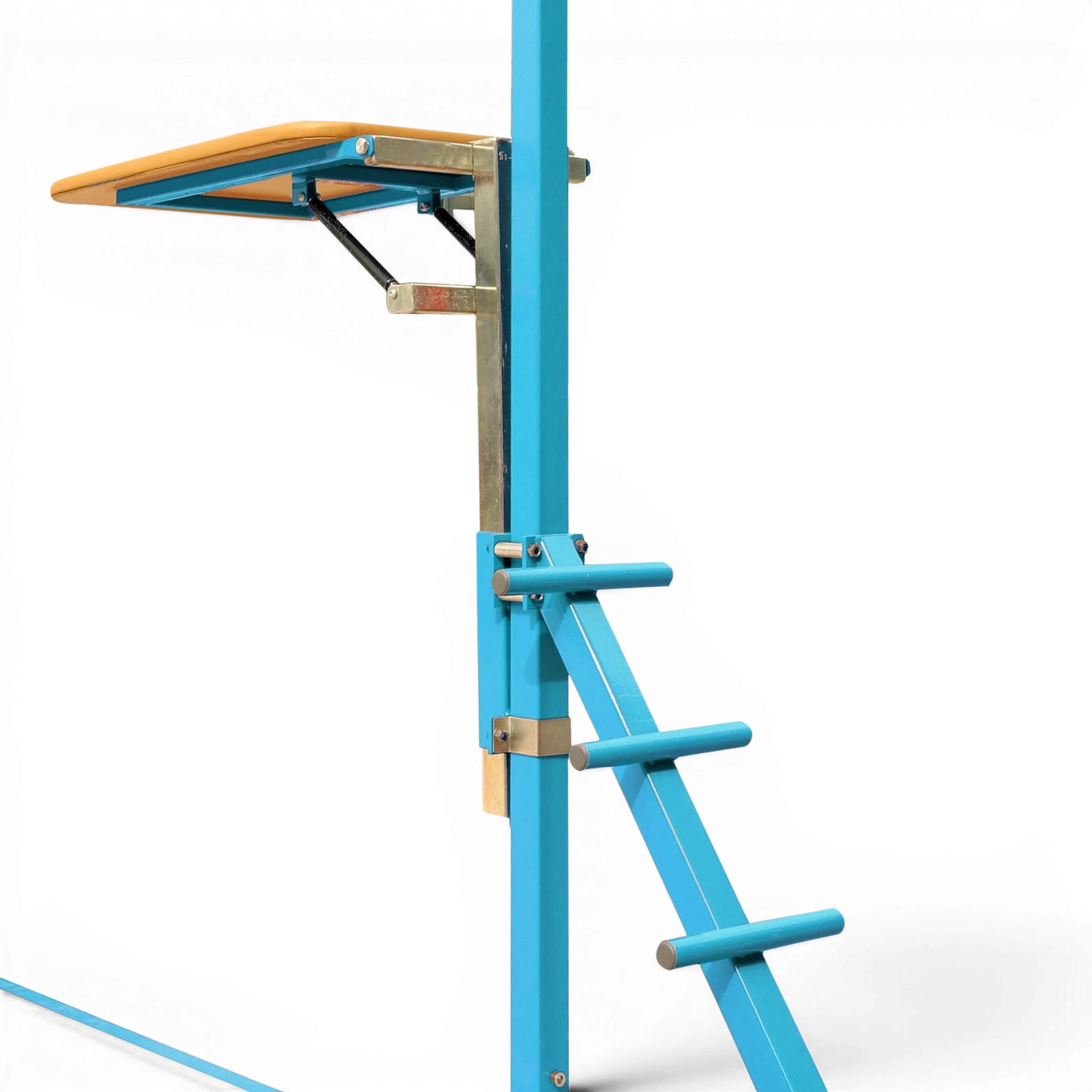 UK Gym Pits FIG approved gymnastics ring frame featuring a blue powder-coated steel post with an attached ladder