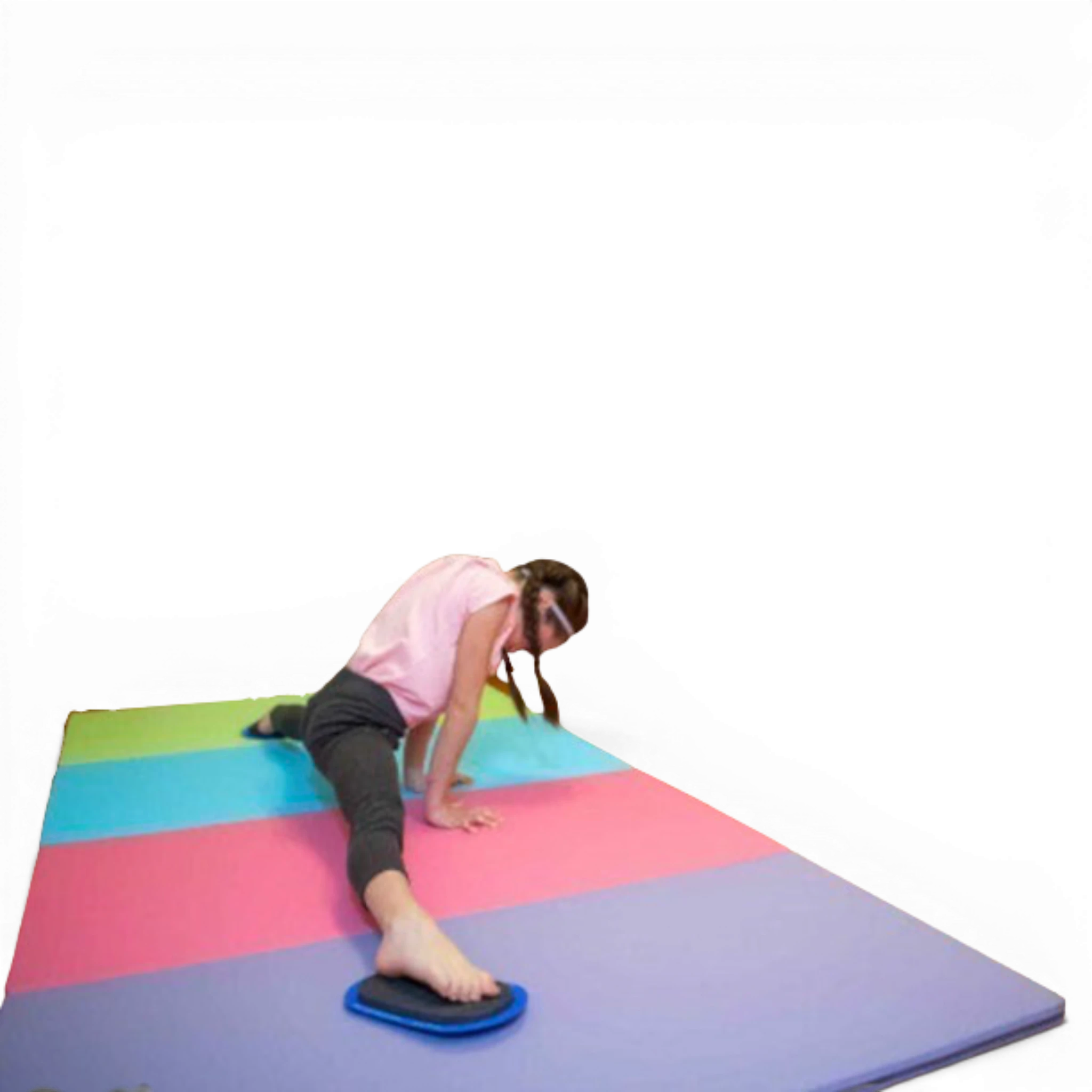 UK Gym Pits gymnastics essentials package in use with a young athlete performing a split stretch on a blue slider mat.