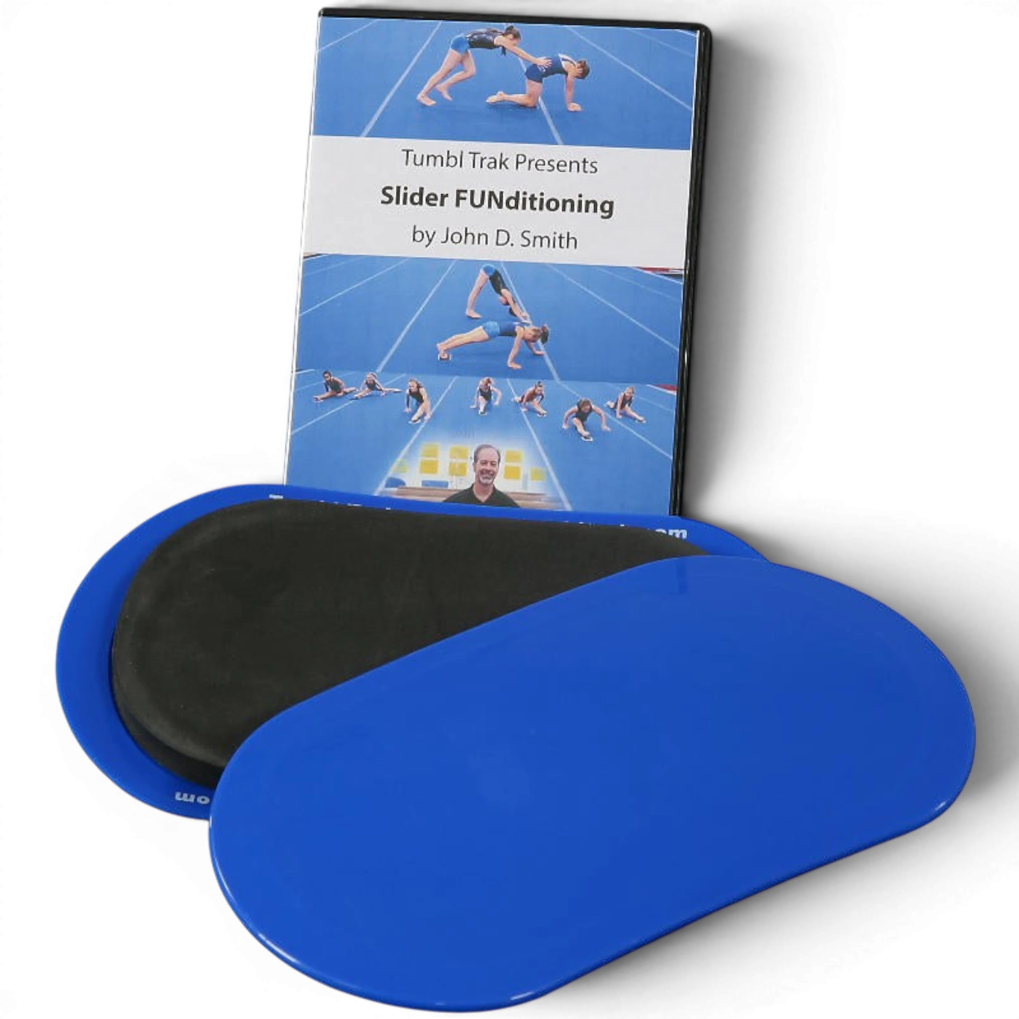 UK Gym Pits gymnastics slider set with blue and charcoal conditioning sliders and an instructional training DVD