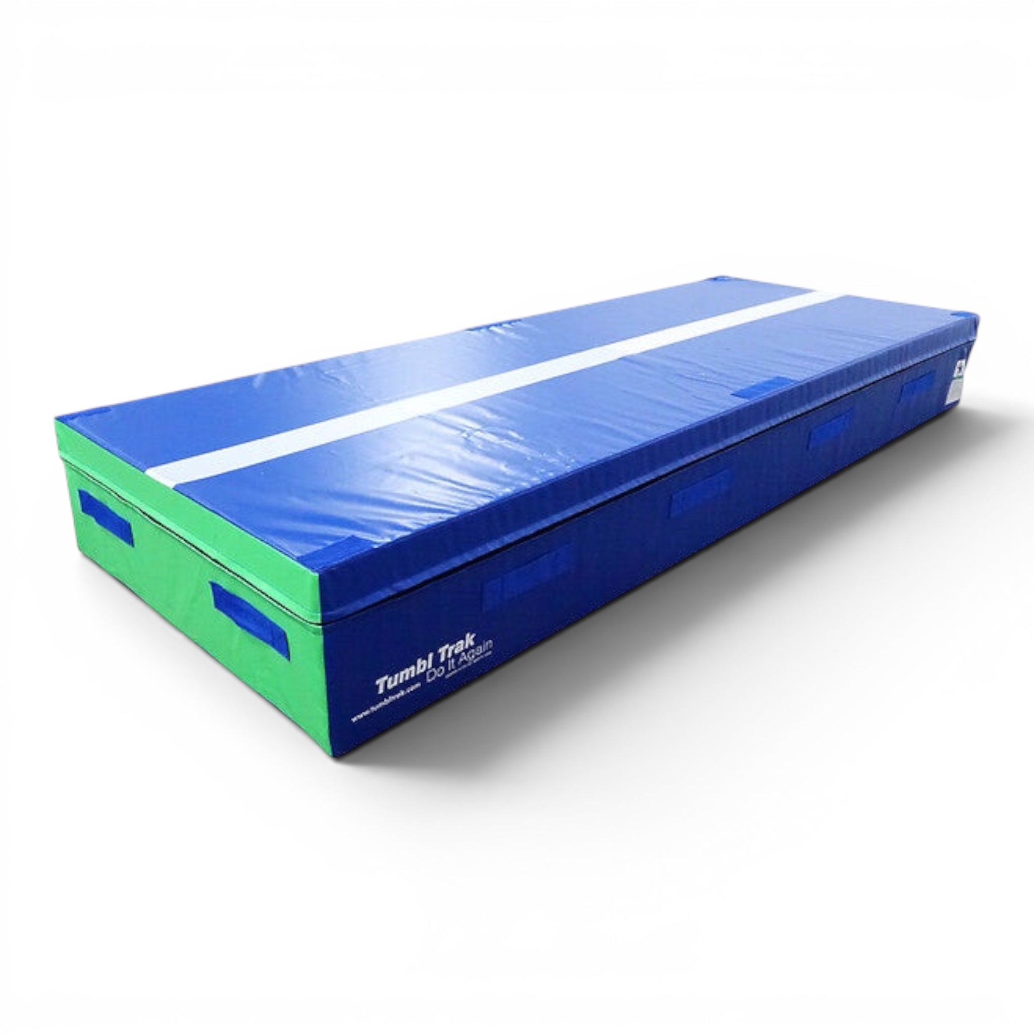 UK Gym Pits blue and green foam spotting block for gymnastics training with a white beam line on top
