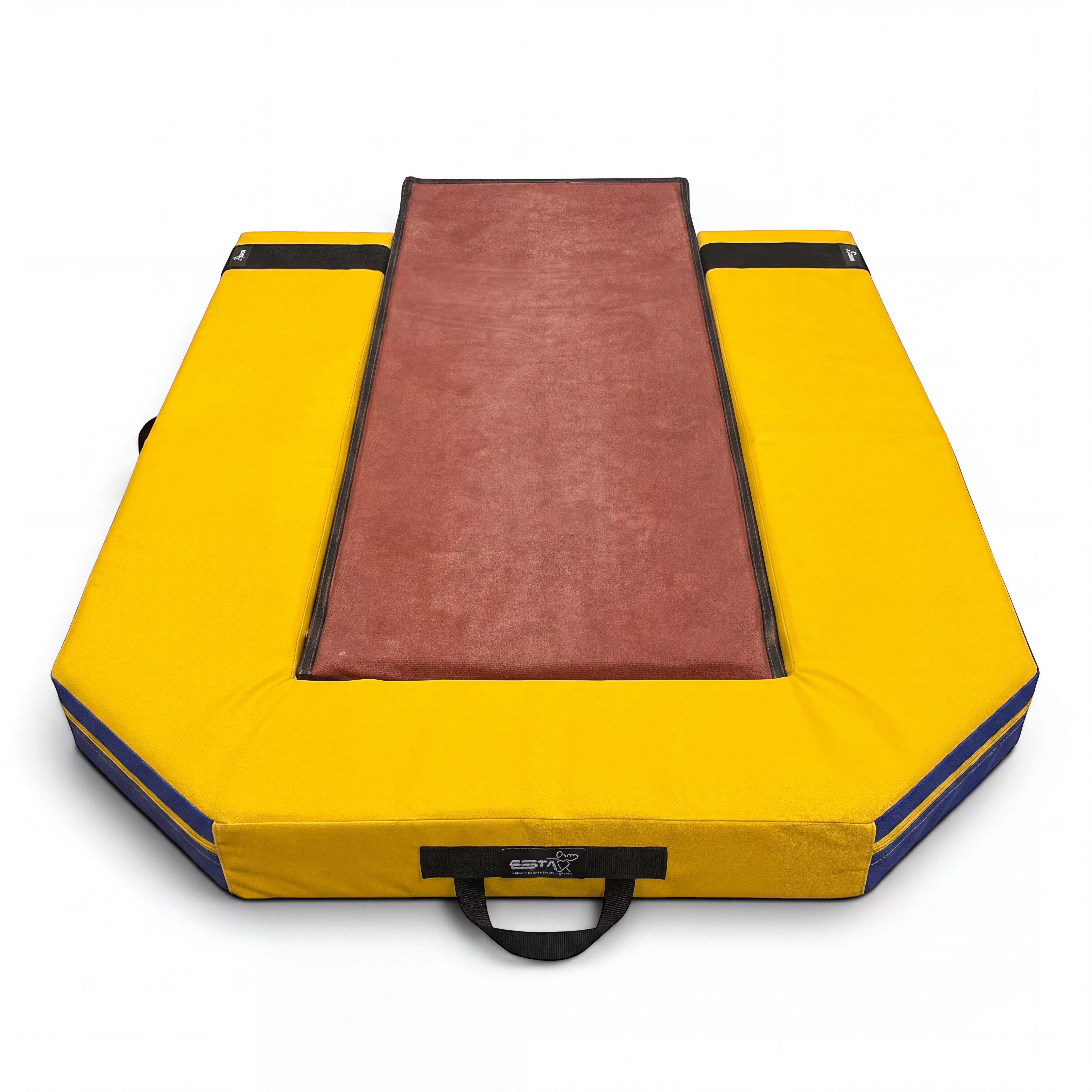 UK Gym Pits board band securing a yellow and brown gymnastics springboard surround for vault safety