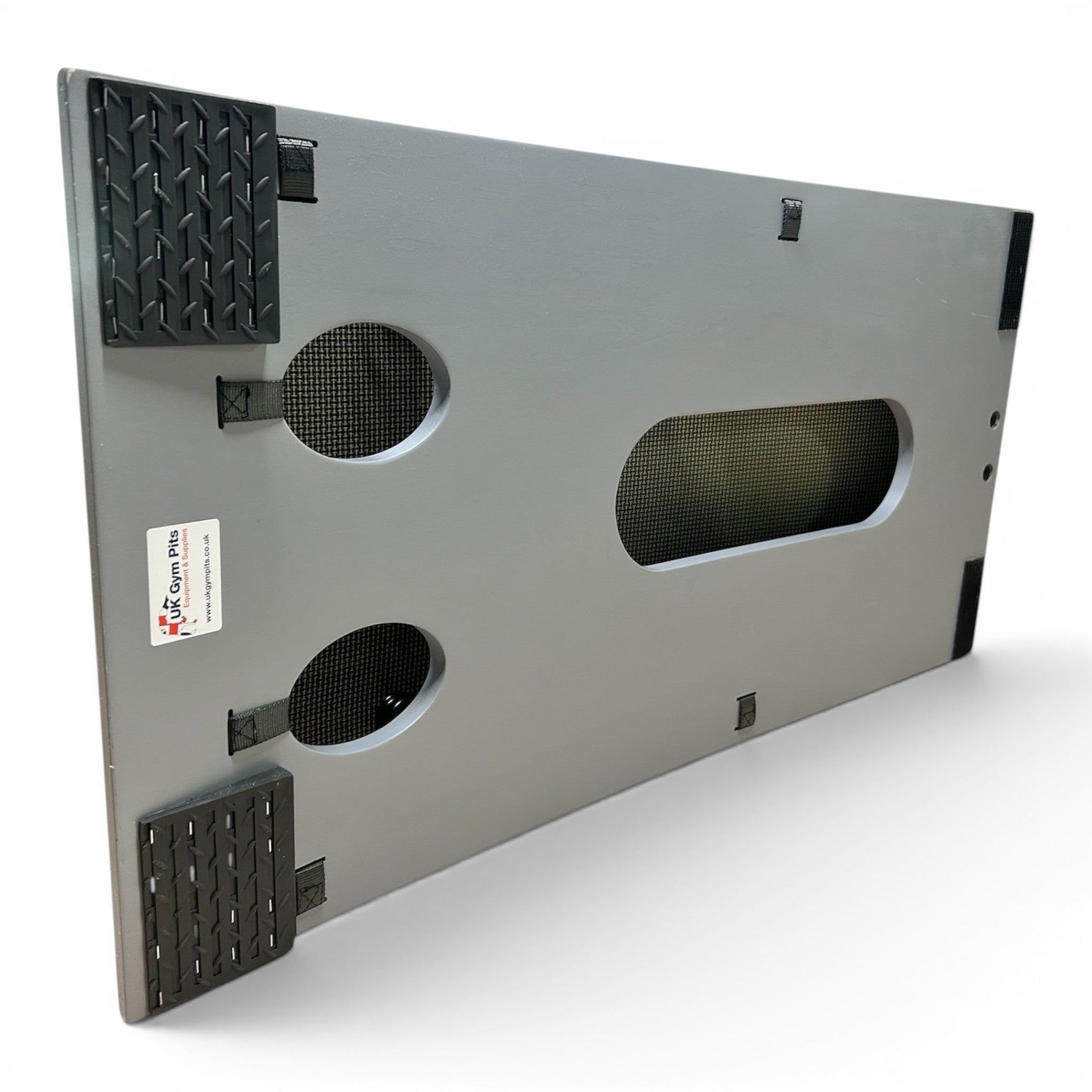 UK Gym Pits FIG approved gymnastics springboard underside showing plywood base, rubber feet, and spring access holes