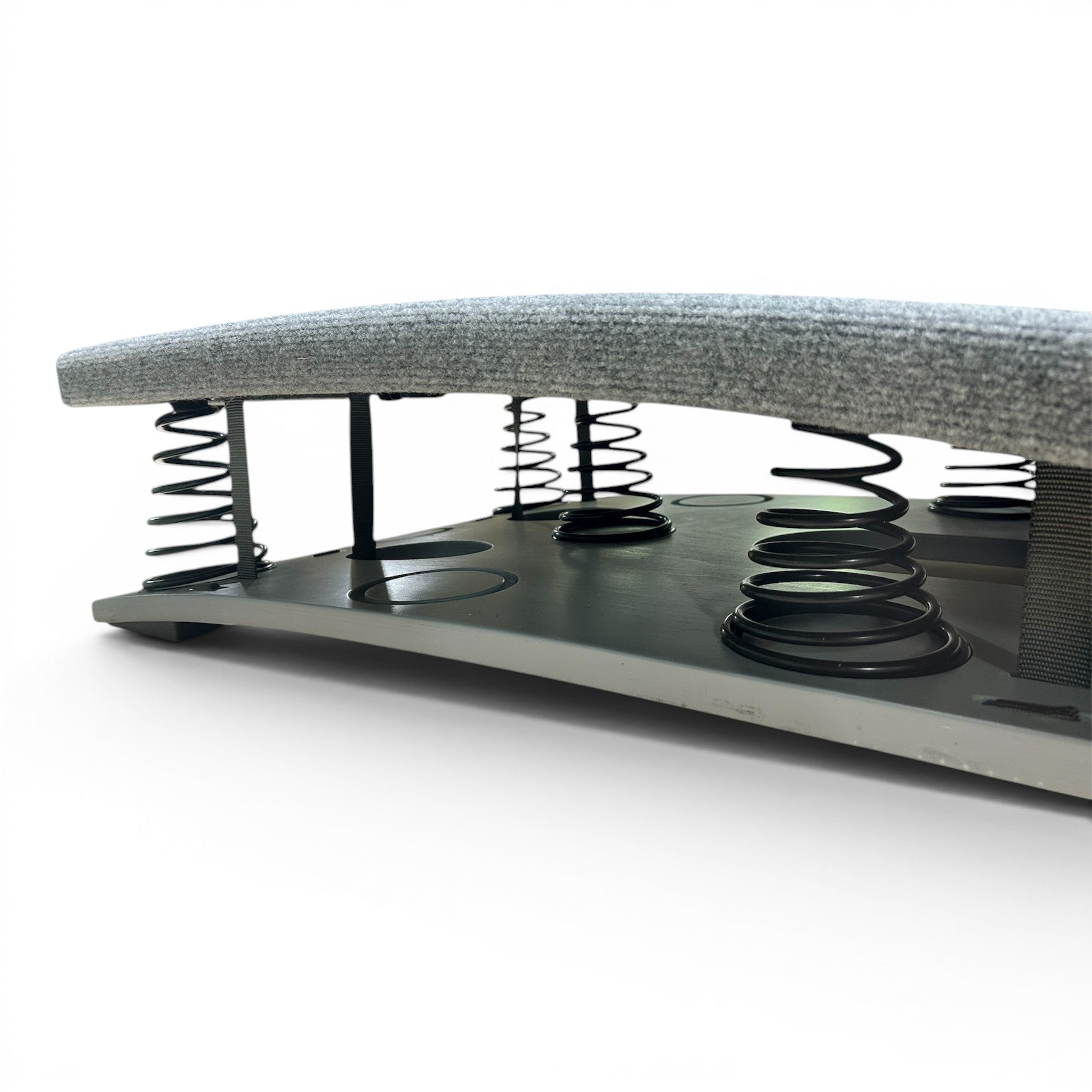 UK Gym Pits FIG approved gymnastics springboard with grey carpeted surface and heavy duty tapered steel springs