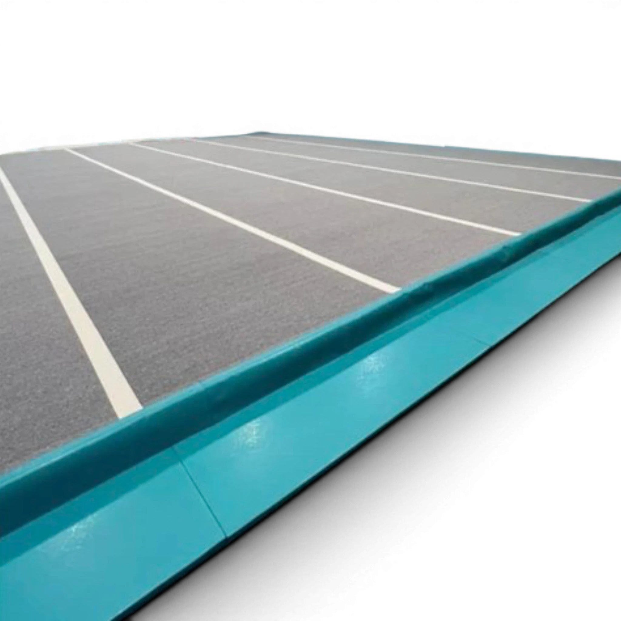 UK Gym Pits 12.8m gymnastics sprung floor with grey carpet surface, white boundary lines, and teal side skirt trim.