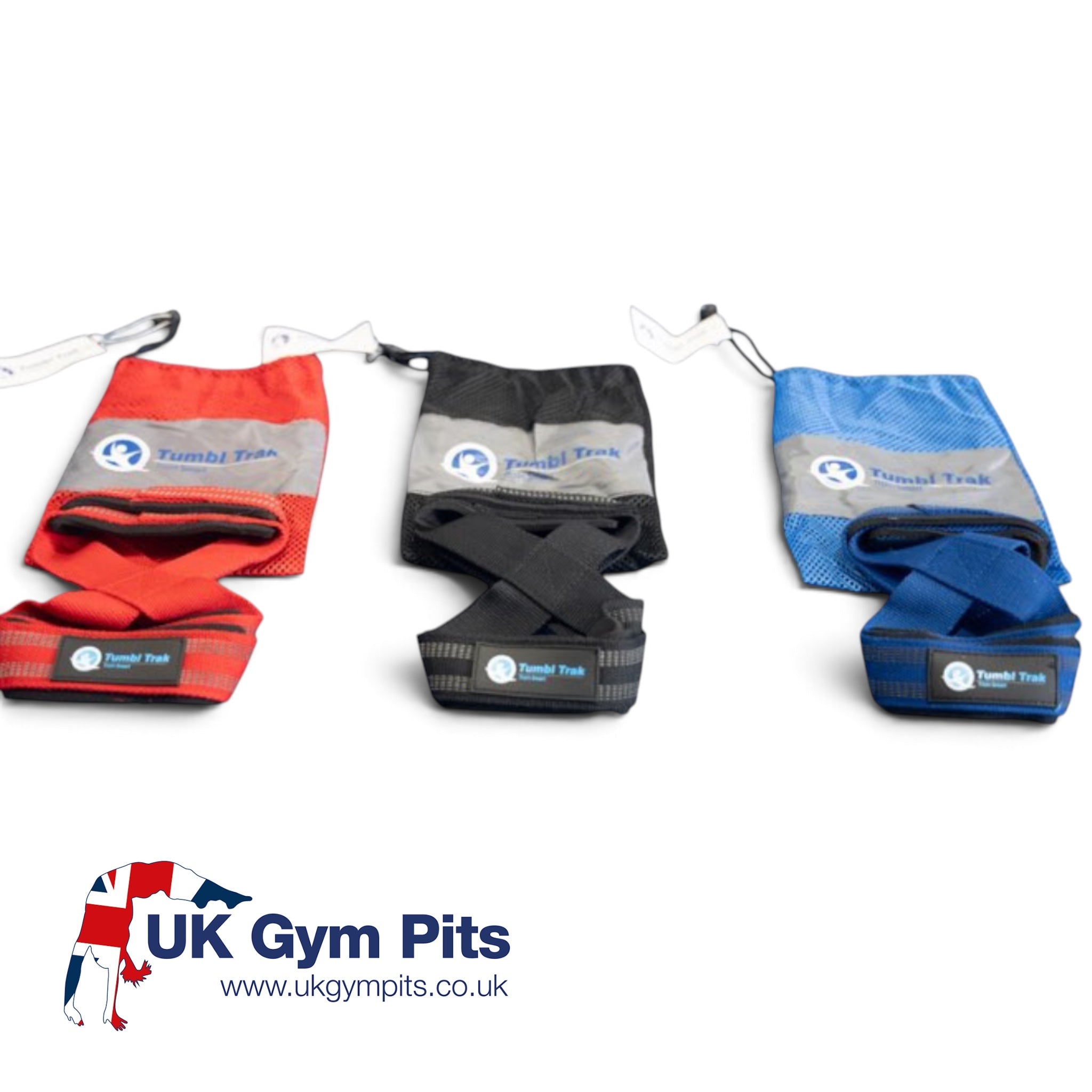 UK Gym Pits set of three gymnastics swing straps in red, black, and blue with neoprene padding and figure-eight loops