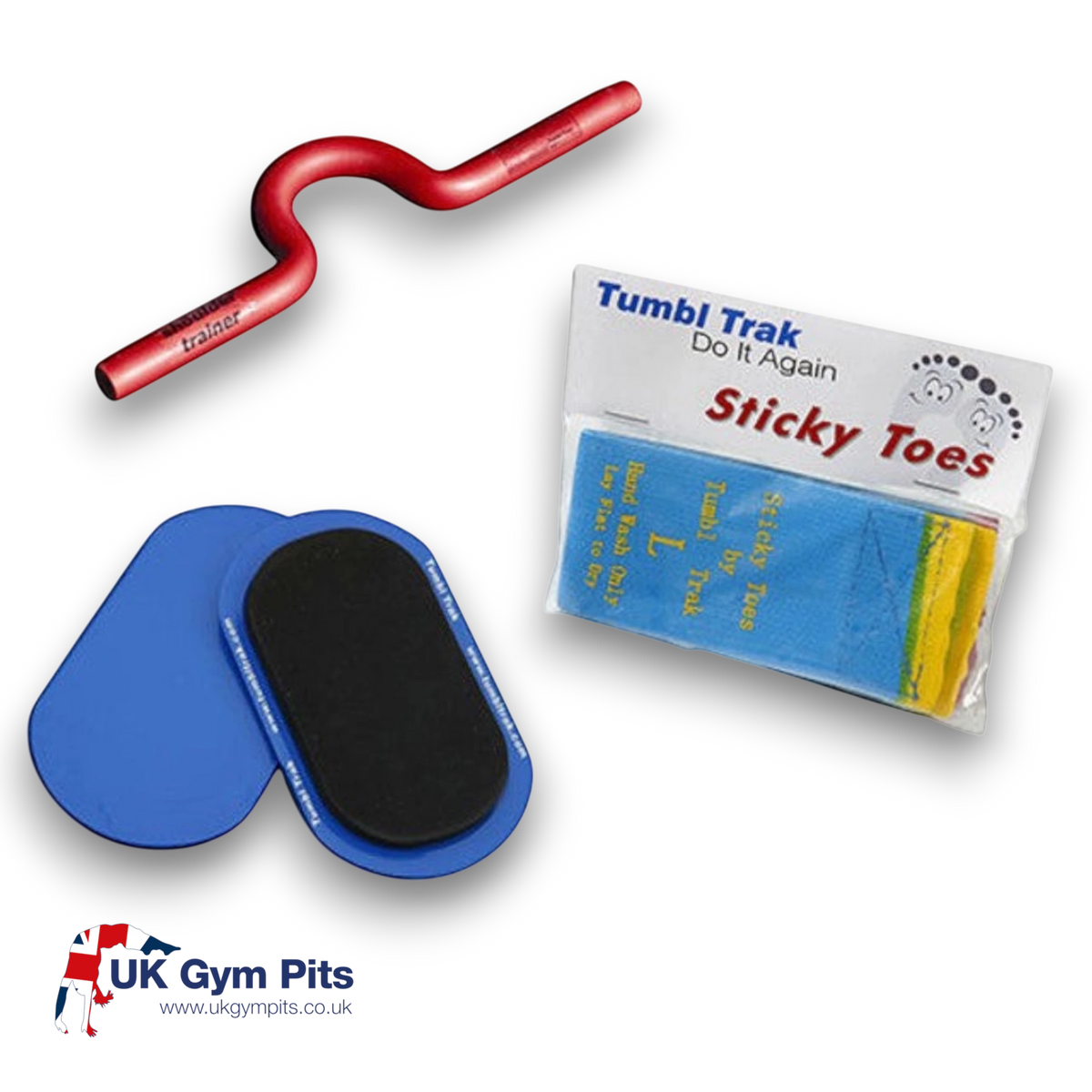 UK Gym Pits skill builder package featuring a red shoulder trainer, blue sliders, and yellow and red sticky toes.