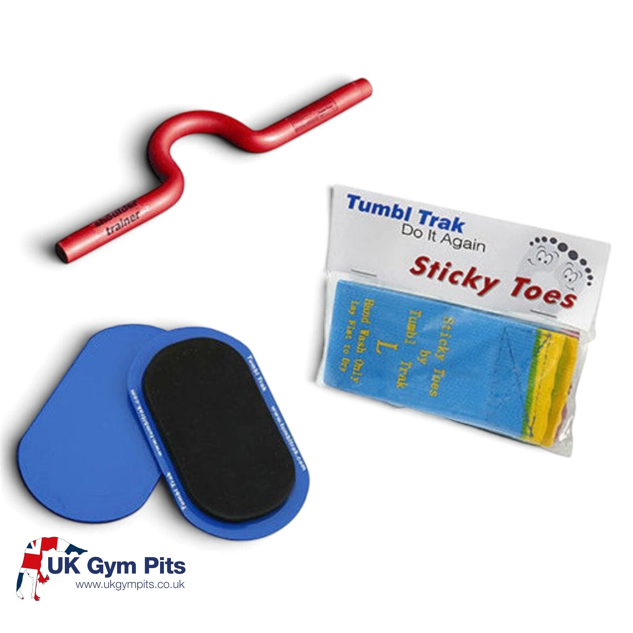 UK Gym Pits skill builder package featuring a red shoulder trainer, blue sliders, and Sticky Toes training straps.