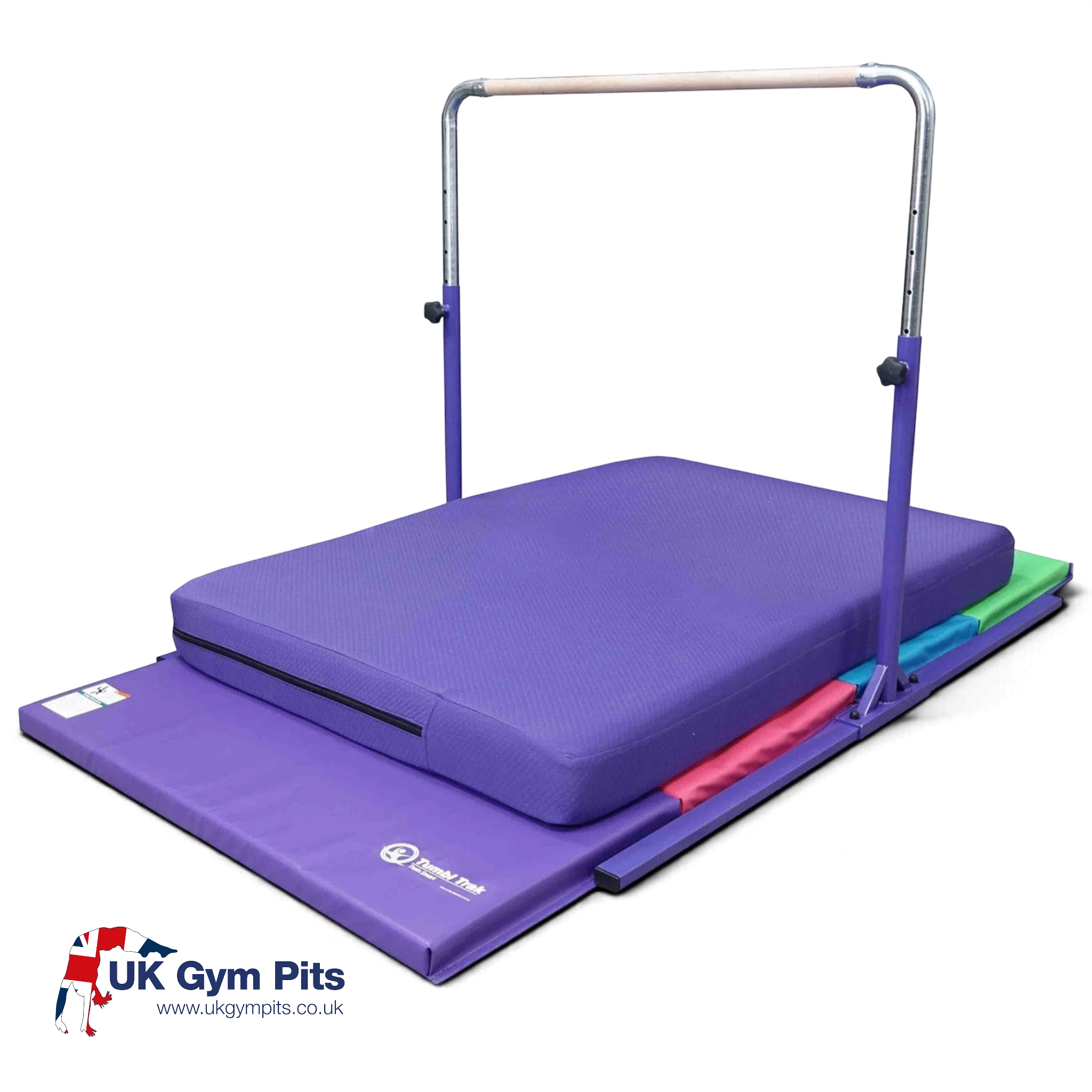 UK Gym Pits home gymnastics training package with a purple adjustable kip bar, soft landing mat, and tumbling mat.