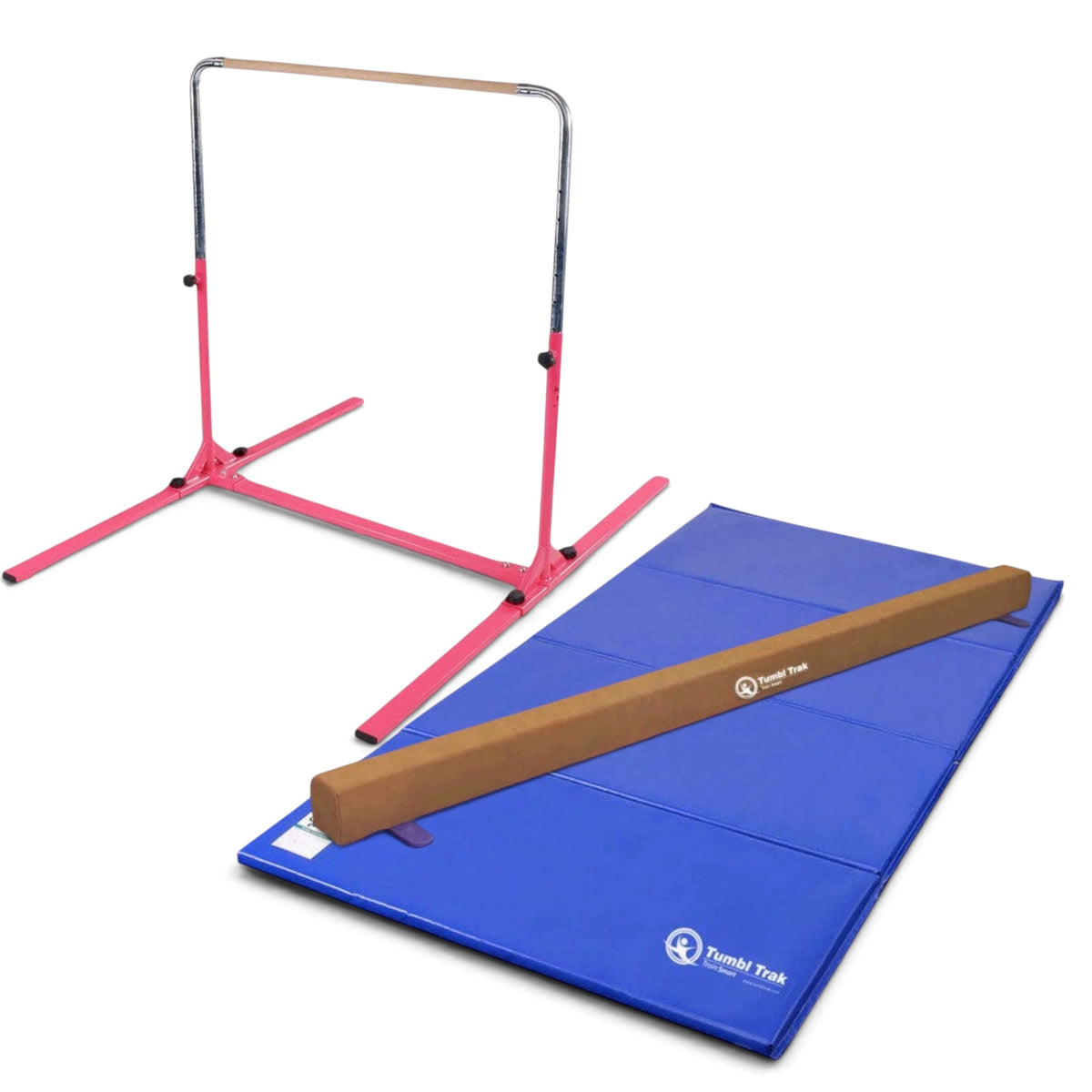 UK Gym Pits home gymnastics set with pink junior bar, brown suede balance beam, and blue folding tumbling mat.