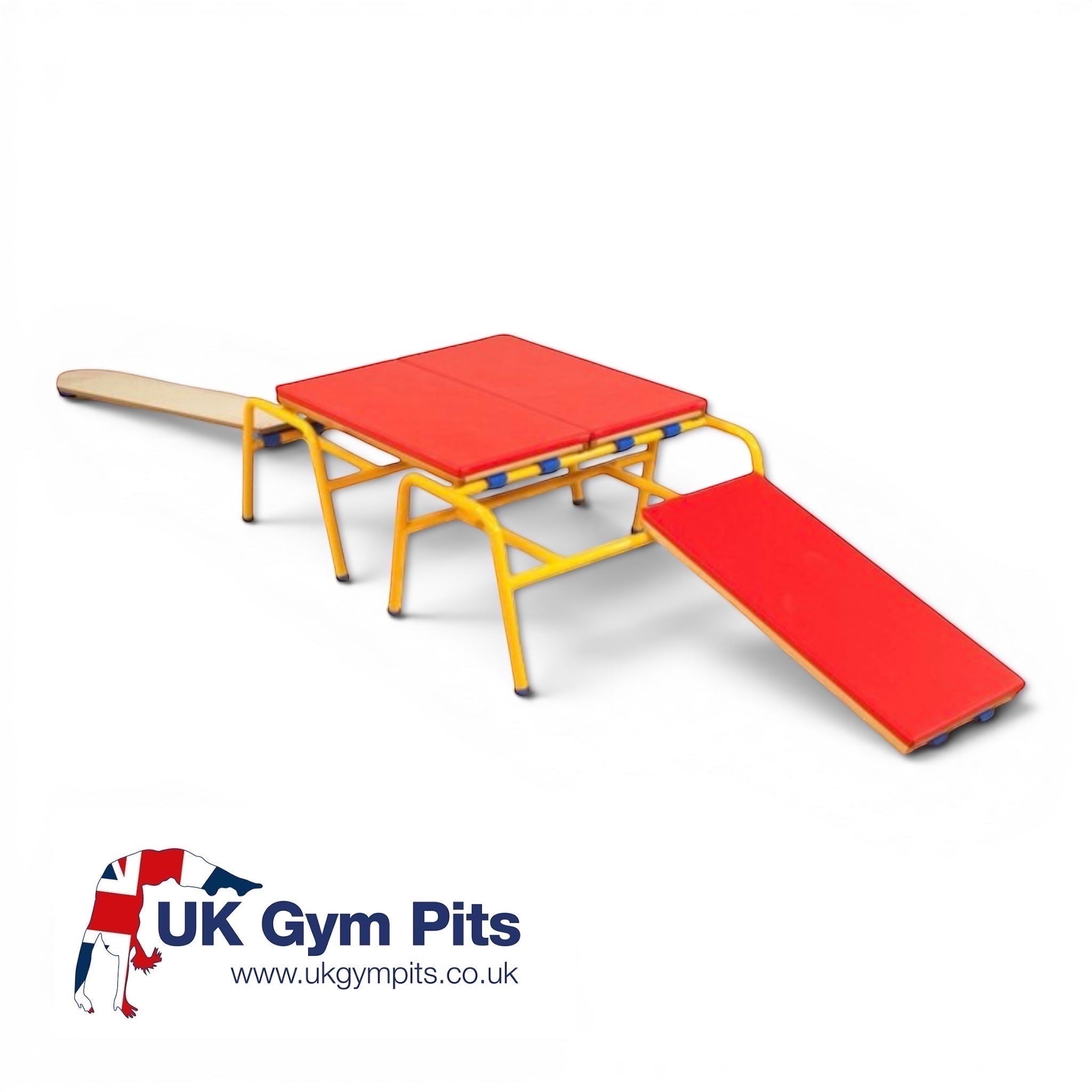 UK Gym Pits yellow tubular steel trestles with red padded tops and wooden agility boards for gymnastics training
