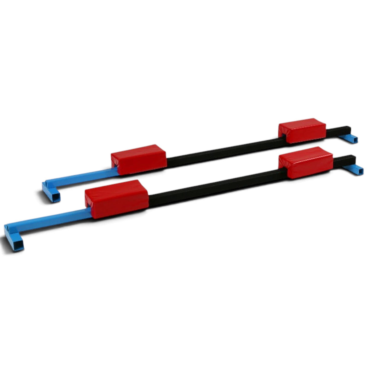 UK Gym Pits adjustable cross supports with red safety padding for gymnastics vaulting stations on tumbling tracks