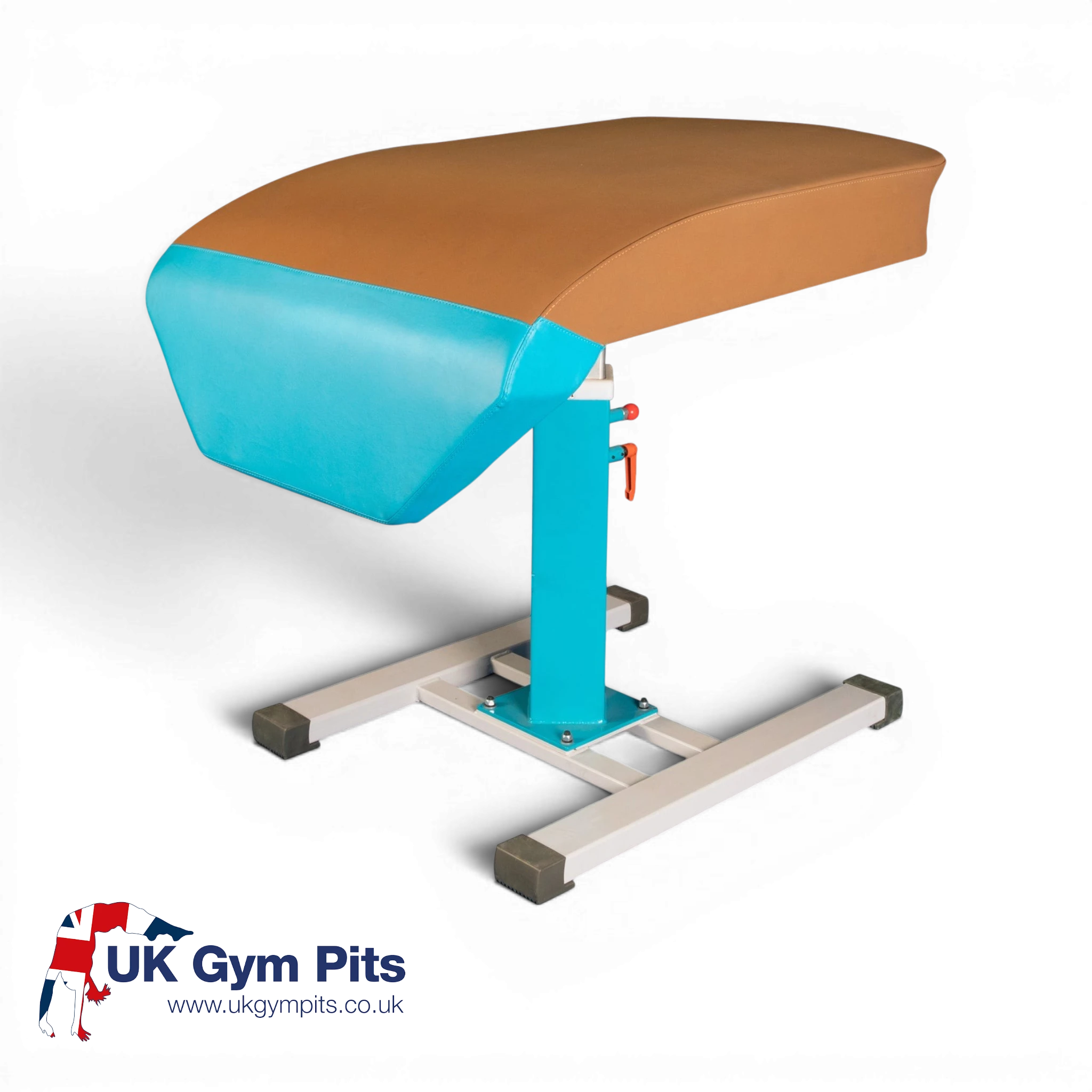UK Gym Pits FIG approved gymnastics vaulting table with tan top, blue front section, and white steel frame.