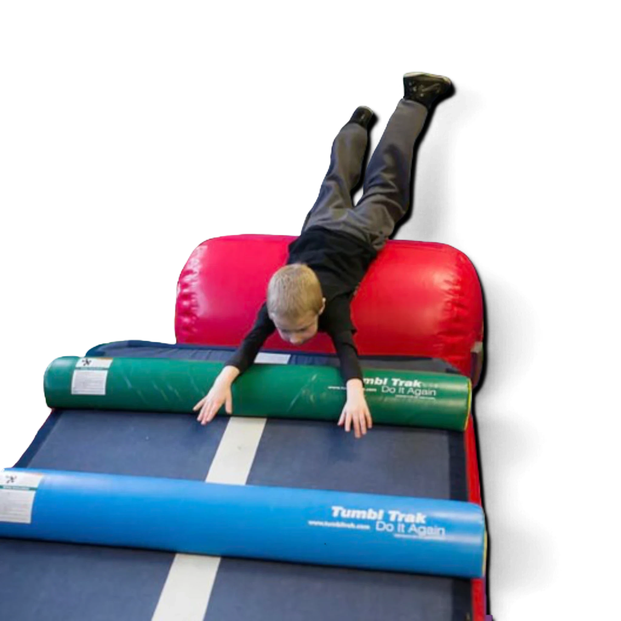UK Gym Pits half round foam training tool used by a child for gymnastics practice on a blue mat