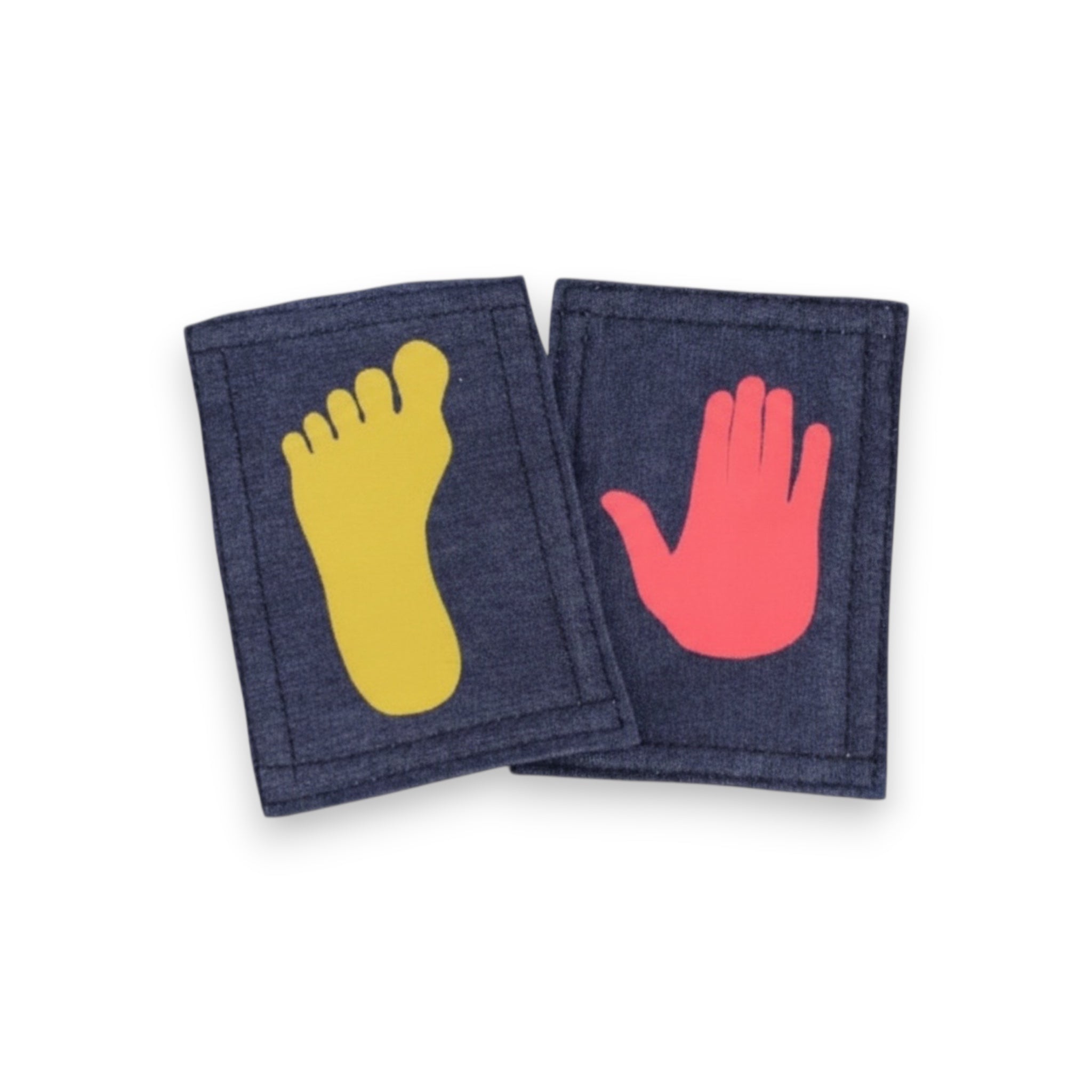 UK Gym Pits denim hand and foot placement markers in red and yellow for gymnastics training and skill development.