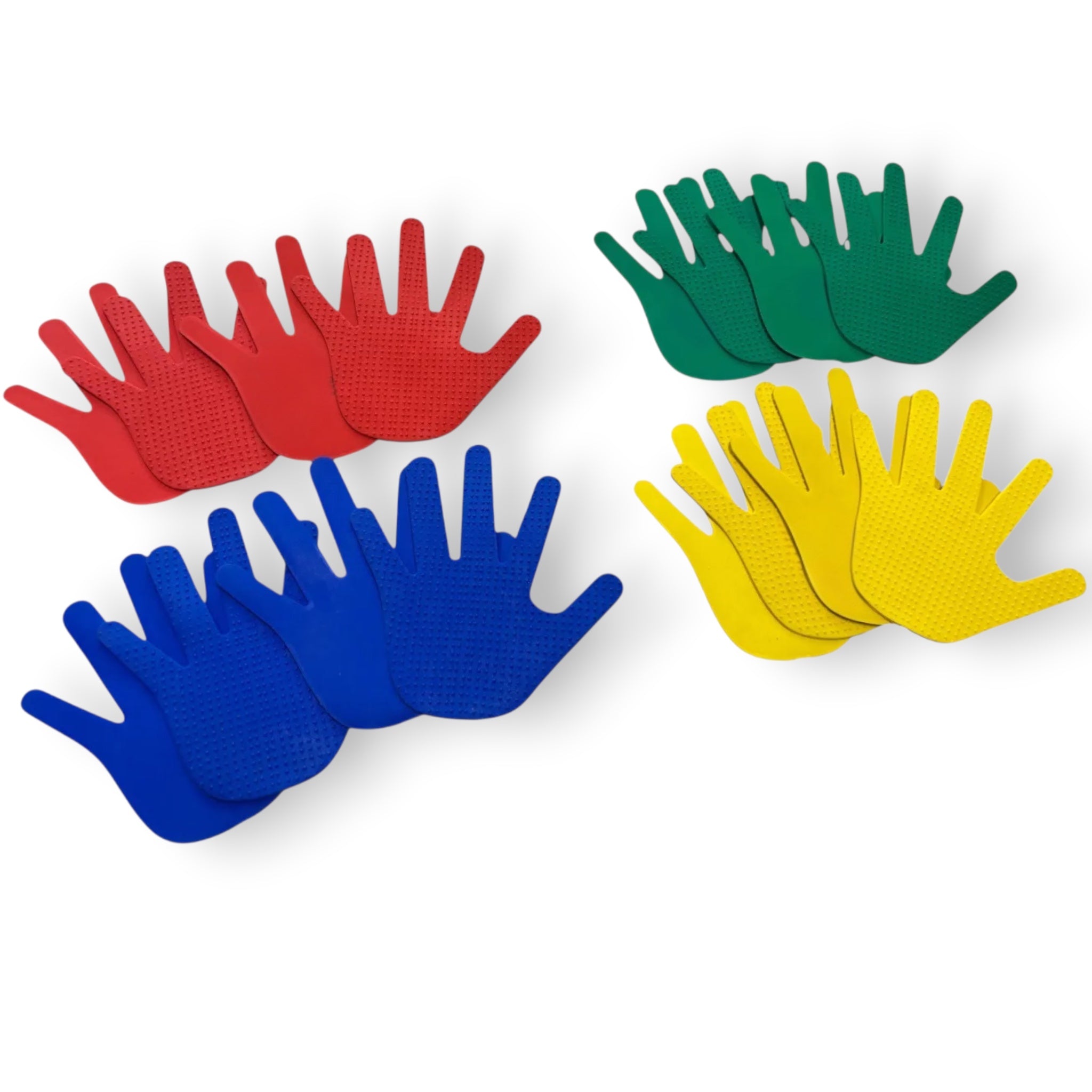 UK Gym Pits hand-shaped TPR placement markers in red, blue, green, and yellow with non-slip dimpled texture