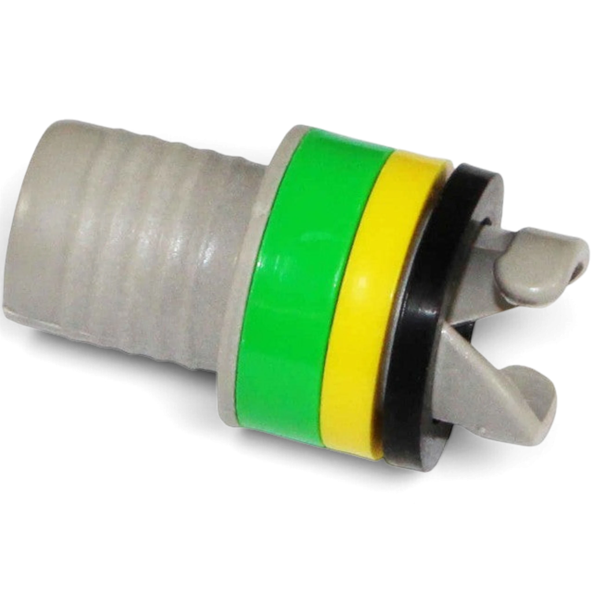 UK Gym Pits dual action hand pump valve adapter with green, yellow, and black rings for inflatable air products