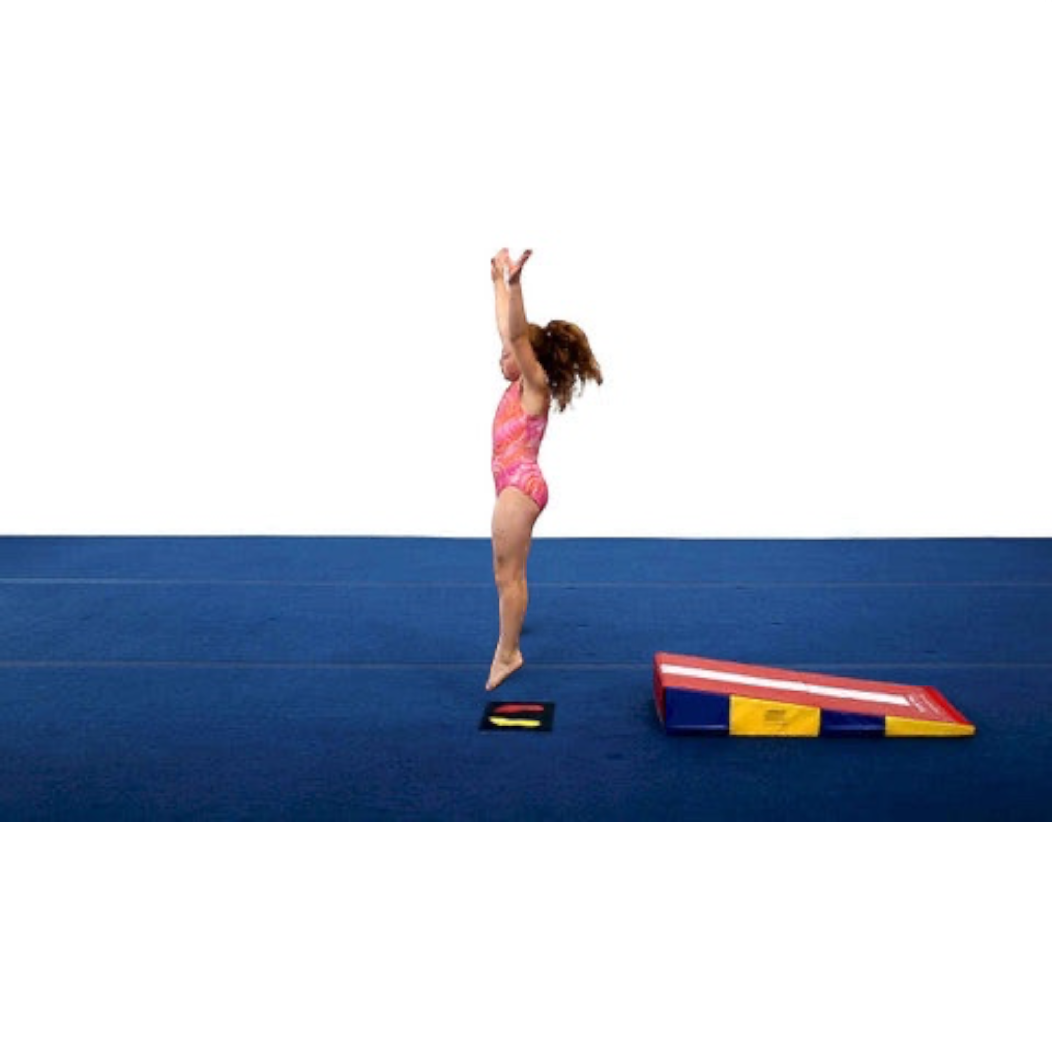 UK Gym Pits Hands & Feet training markers on a blue mat with a young gymnast practicing jumps