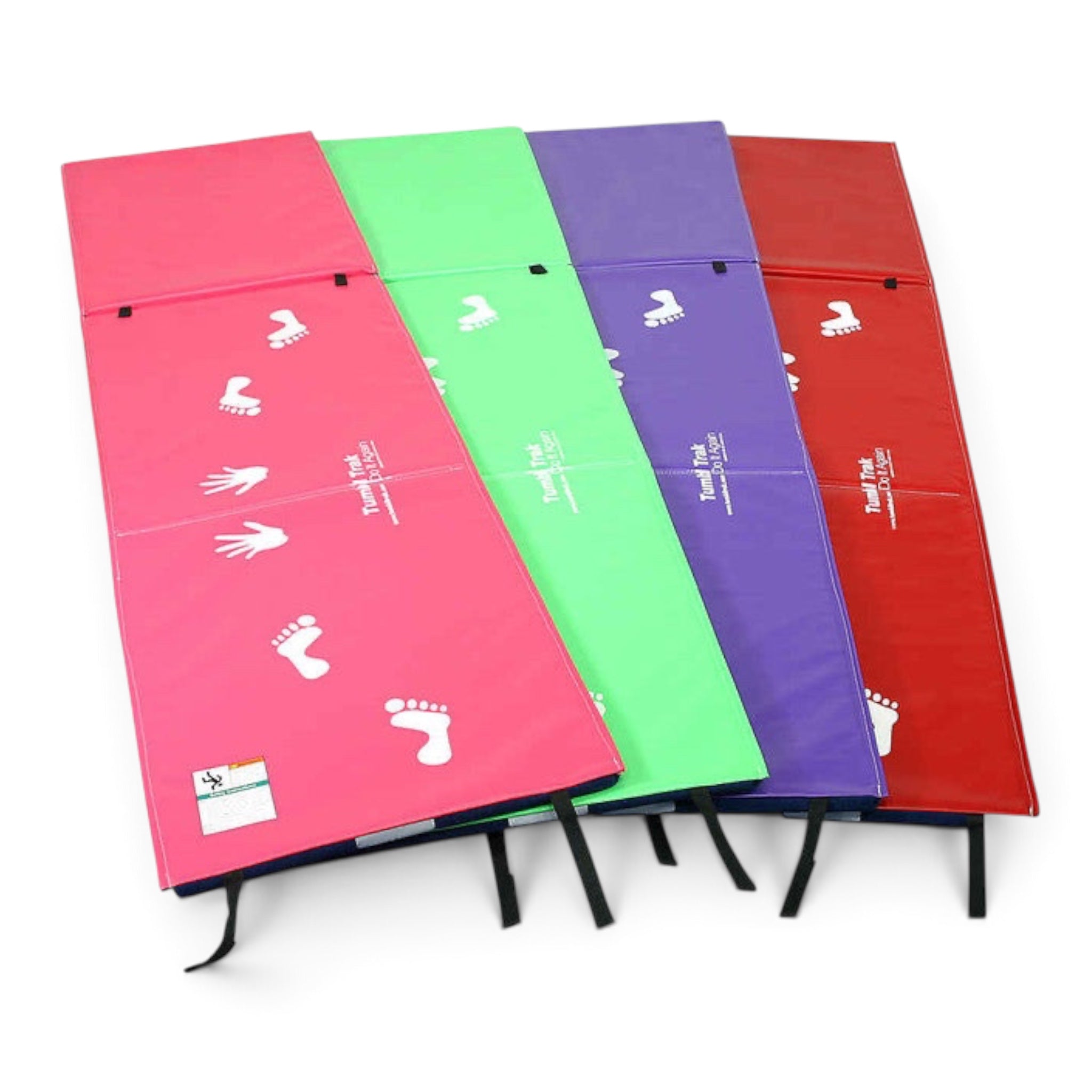 UK Gym Pits Handstand Homework cartwheel mats in pink, green, purple, and red with white hand and foot prints