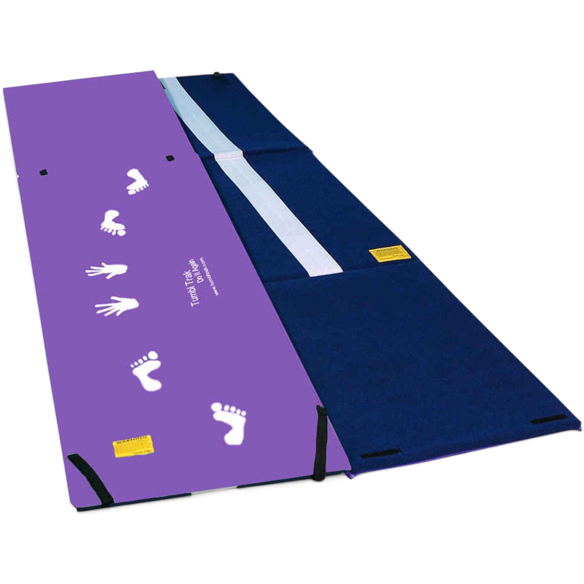 UK Gym Pits Handstand Homework Mat showing purple vinyl cartwheel side and blue carpet beam side for gymnastics training