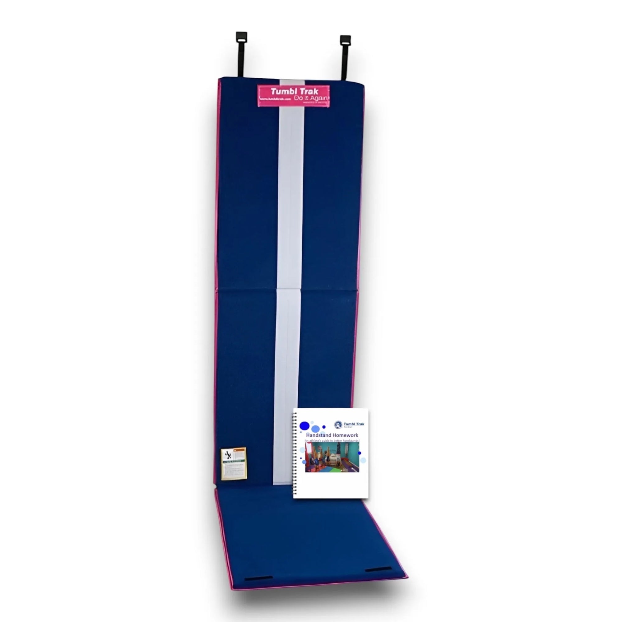 UK Gym Pits Handstand Homework mat with white beam stripe and instructional workbook for gymnastics training