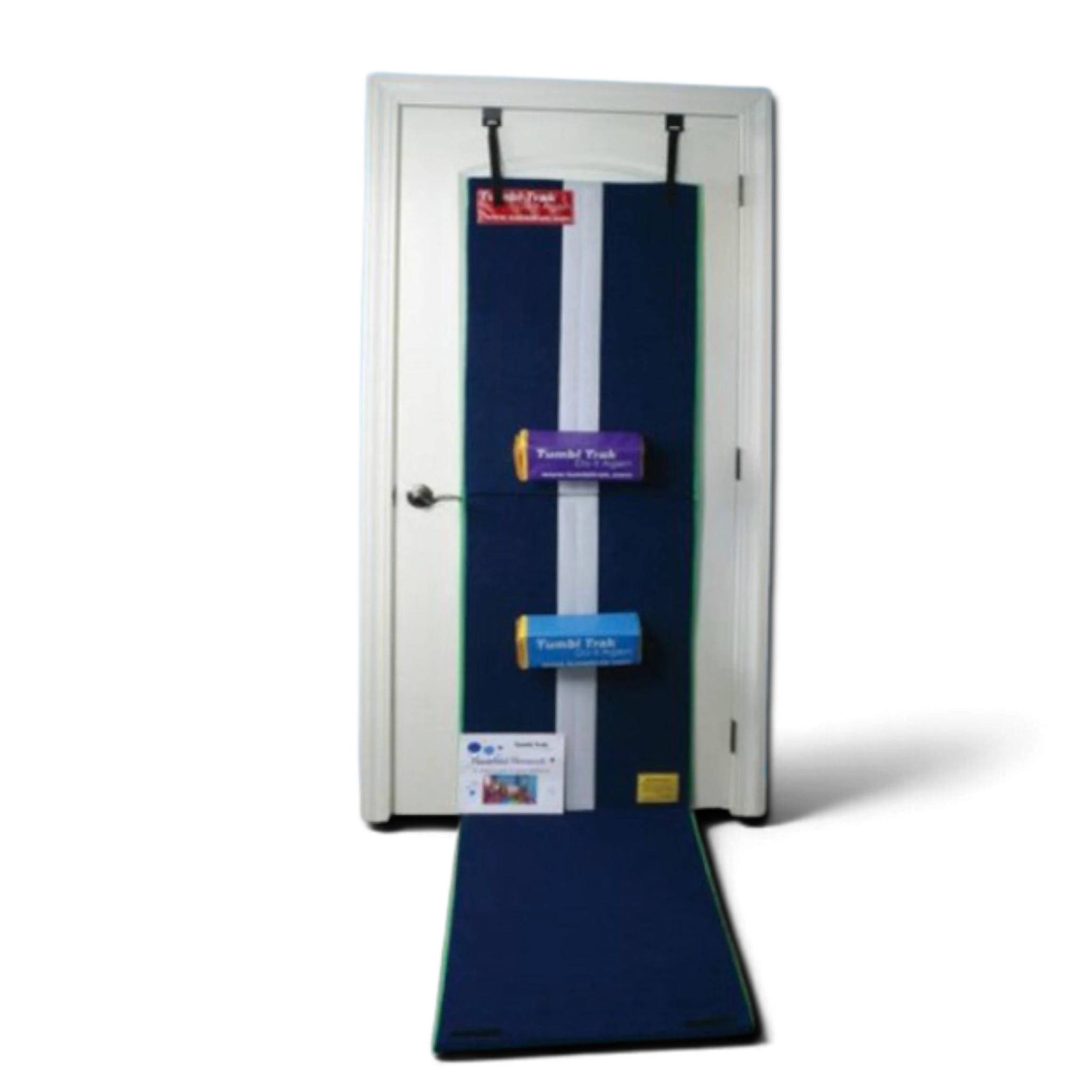 UK Gym Pits Handstand Homework Package 2 with blue carpet mat, fun sticks, and instructional book mounted on a door