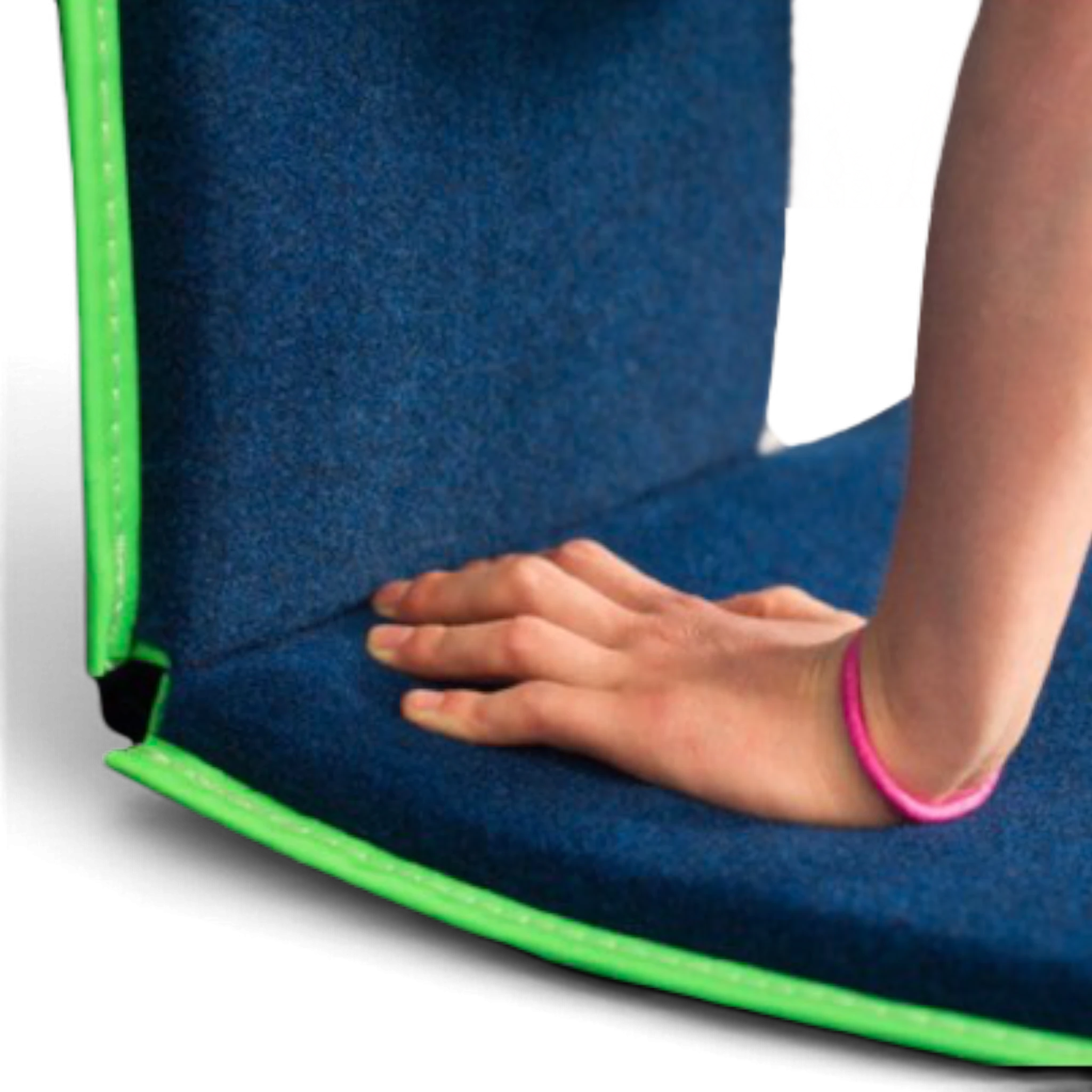 UK Gym Pits handstand homework mat with blue carpet surface and bright green trim being used by a gymnast