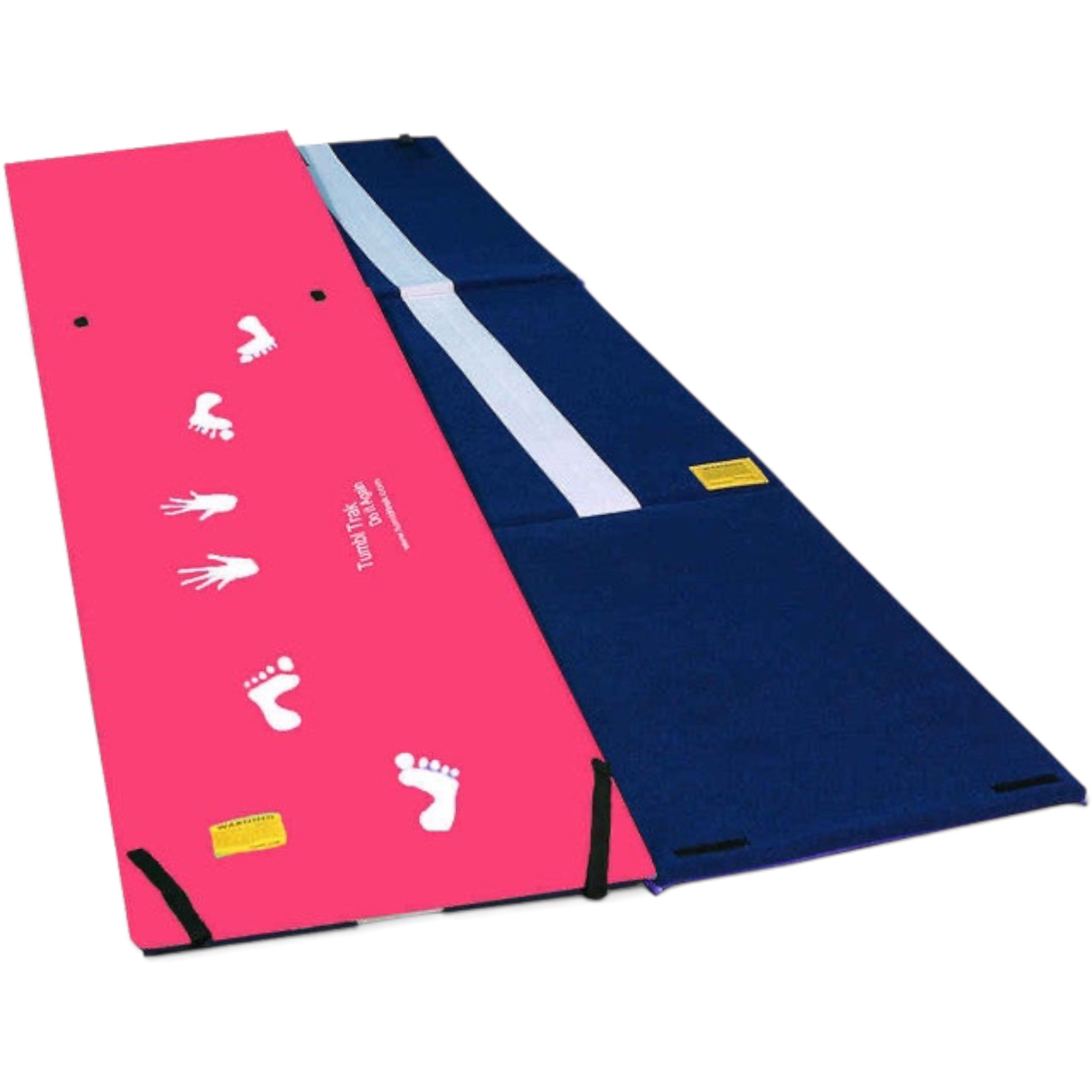 UK Gym Pits Handstand Homework Mat in pink vinyl with cartwheel guides and blue carpet side with white beam stripe
