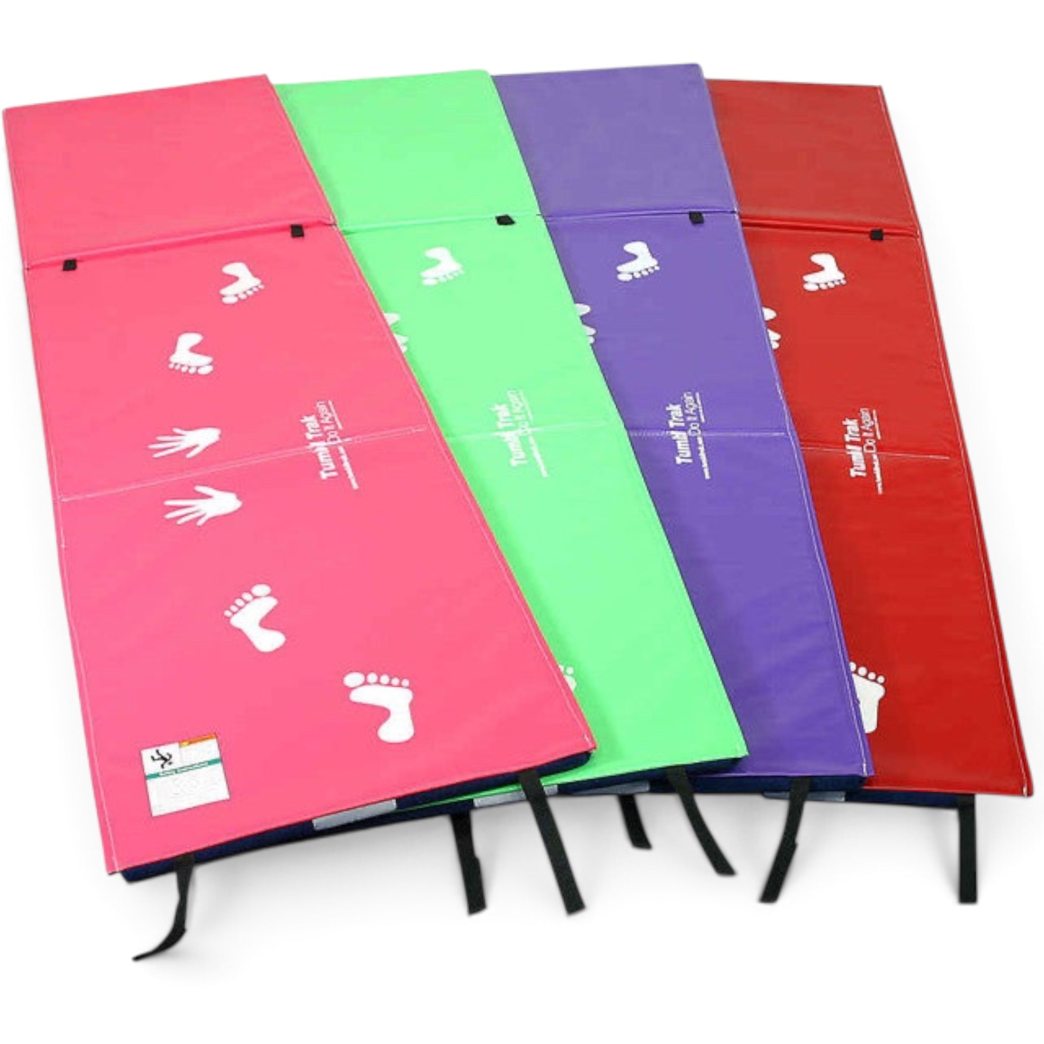 UK Gym Pits handstand homework mats in pink, green, purple, and red vinyl with white cartwheel hand and foot prints