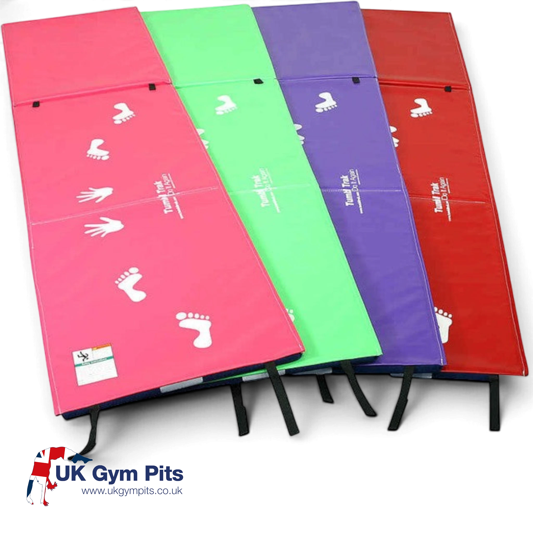 UK Gym Pits handstand homework mats in pink, green, purple, and red vinyl with cartwheel hand and foot prints.